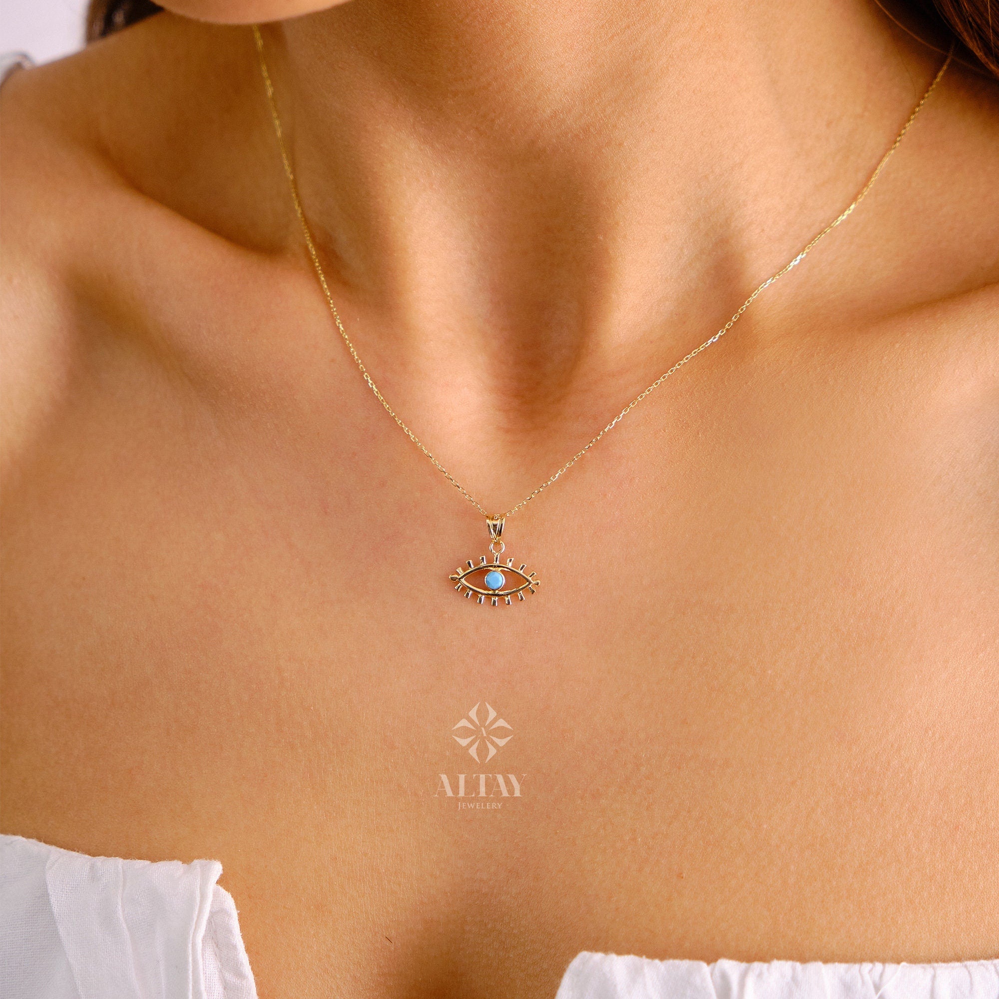 14K Solid Gold Evil Eye Necklace, Eyelash Charm Pendant, Turquoise Stone Charm, Good Luck Protection Symbol, Dainty Necklace, Gift For Her