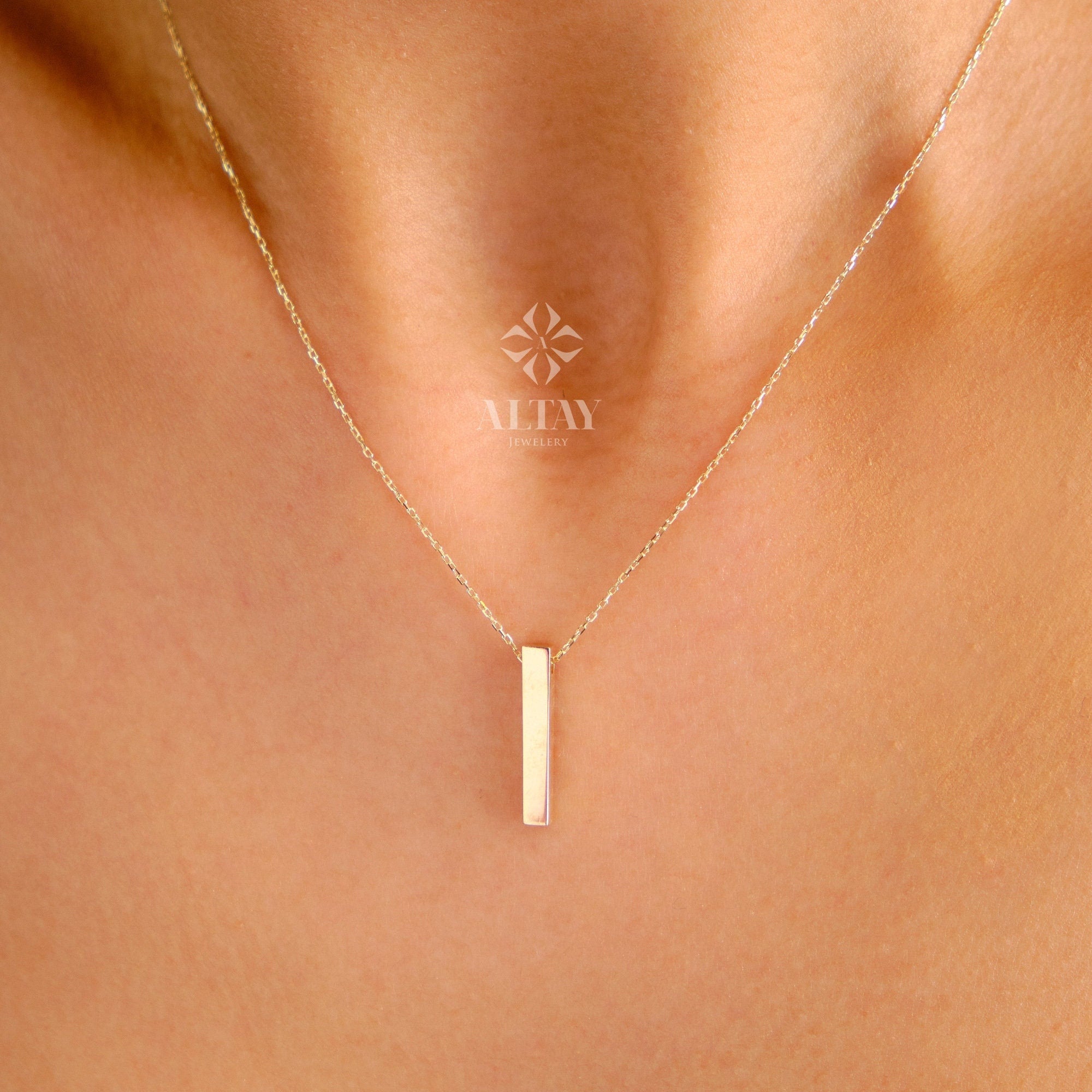 14K Gold 3D Vertical Bar Necklace, Engraved Custom Name Necklace, Gift For Family, Personalized Engrave 4 Side Necklace, Custom Name Jewelry