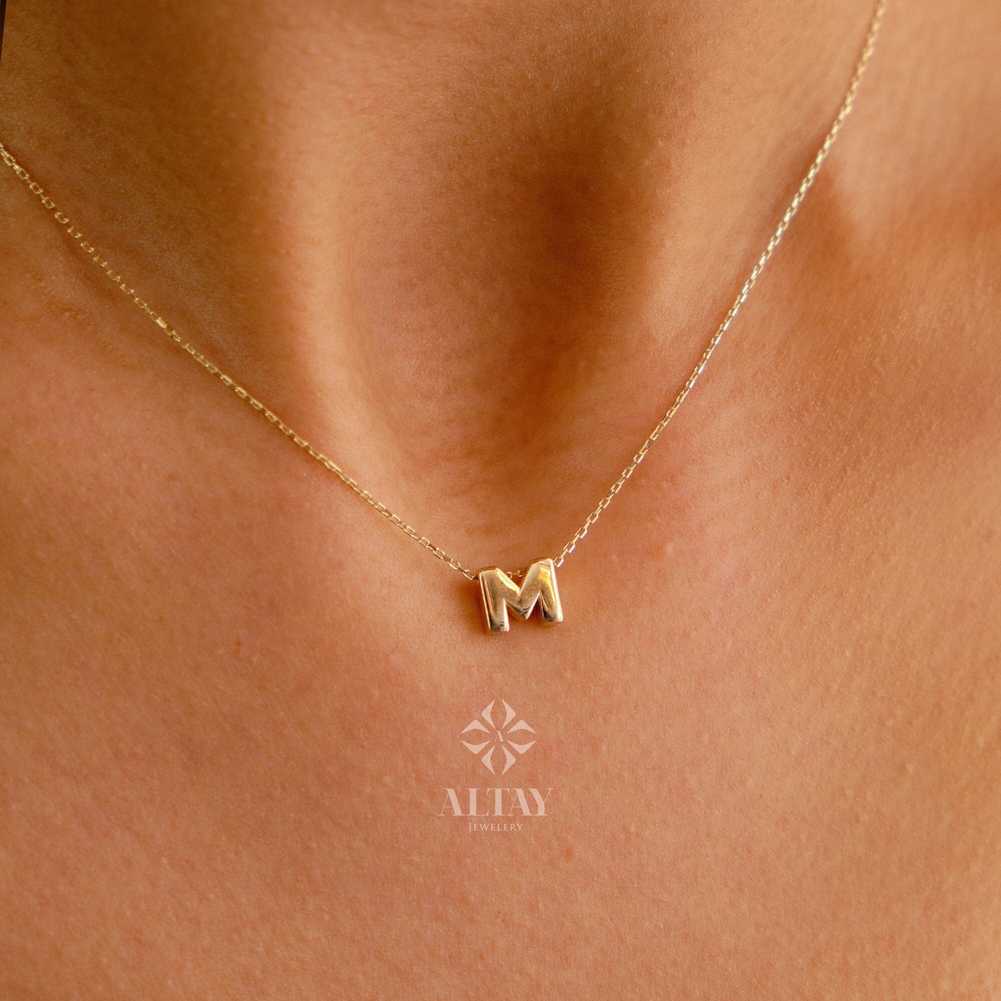 14K Solid Gold Initial Necklace, Letter Pendant Choker, Minimal Letter Charm, Name Necklace, Dainty Personalized Pendant, Gift For her