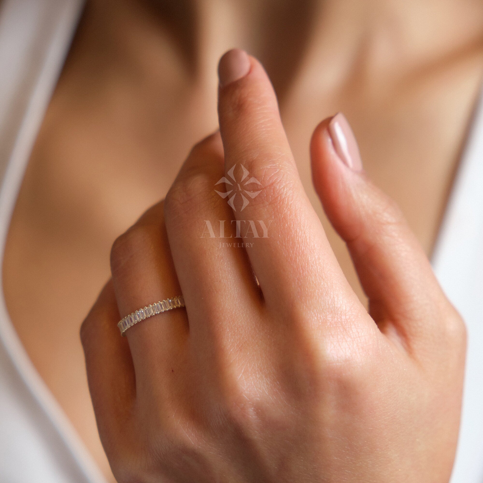 14K Gold Baguette Half Eternity Ring, CZ Diamond Wedding Ring, Baguette Wedding Ring, Delicate Engagement Band, Stacking Promise Ring