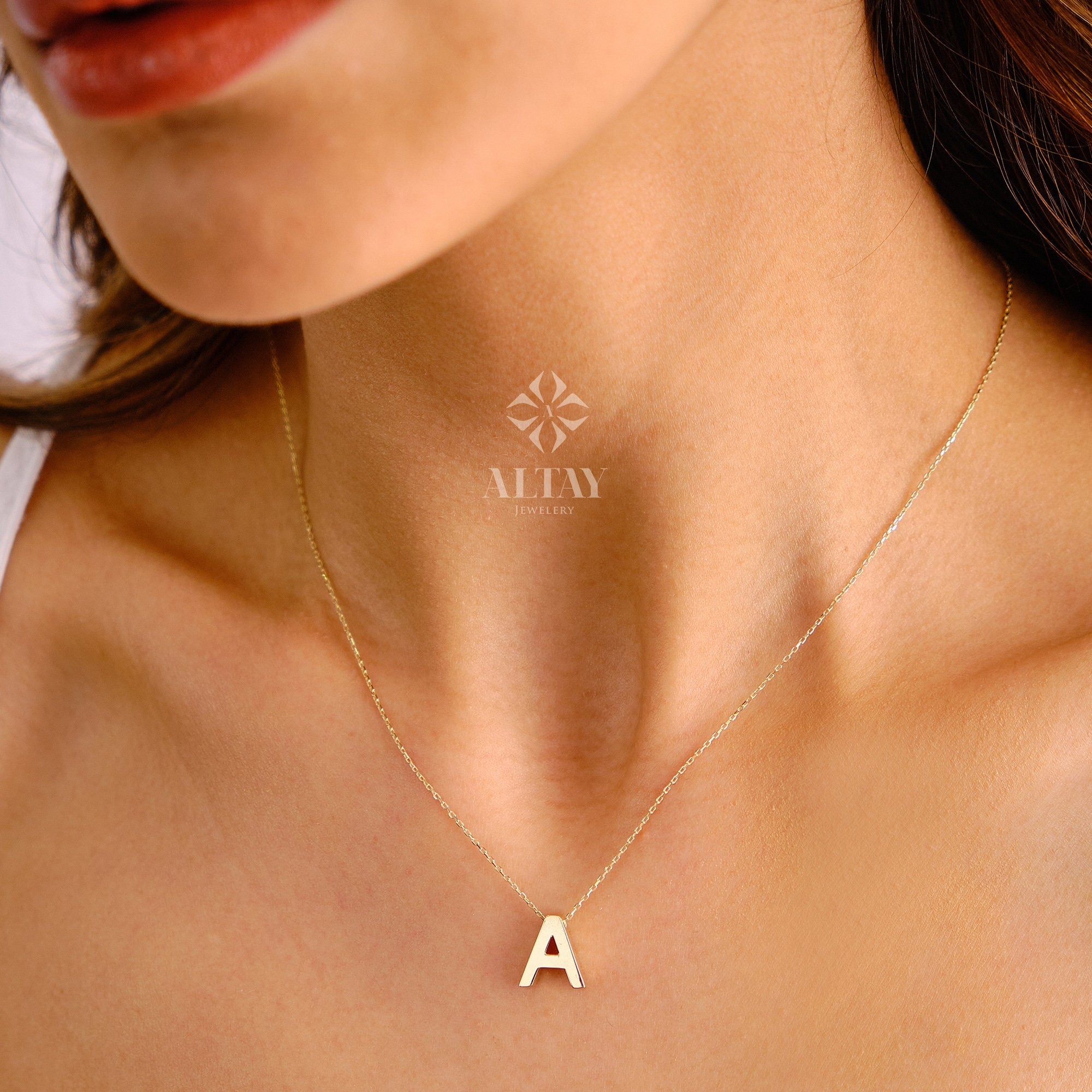 14K Solid Gold Initial Necklace, Letter Pendant Choker, Minimal Letter Charm, Name Necklace, Dainty, Personalized Pendant, Gift For her