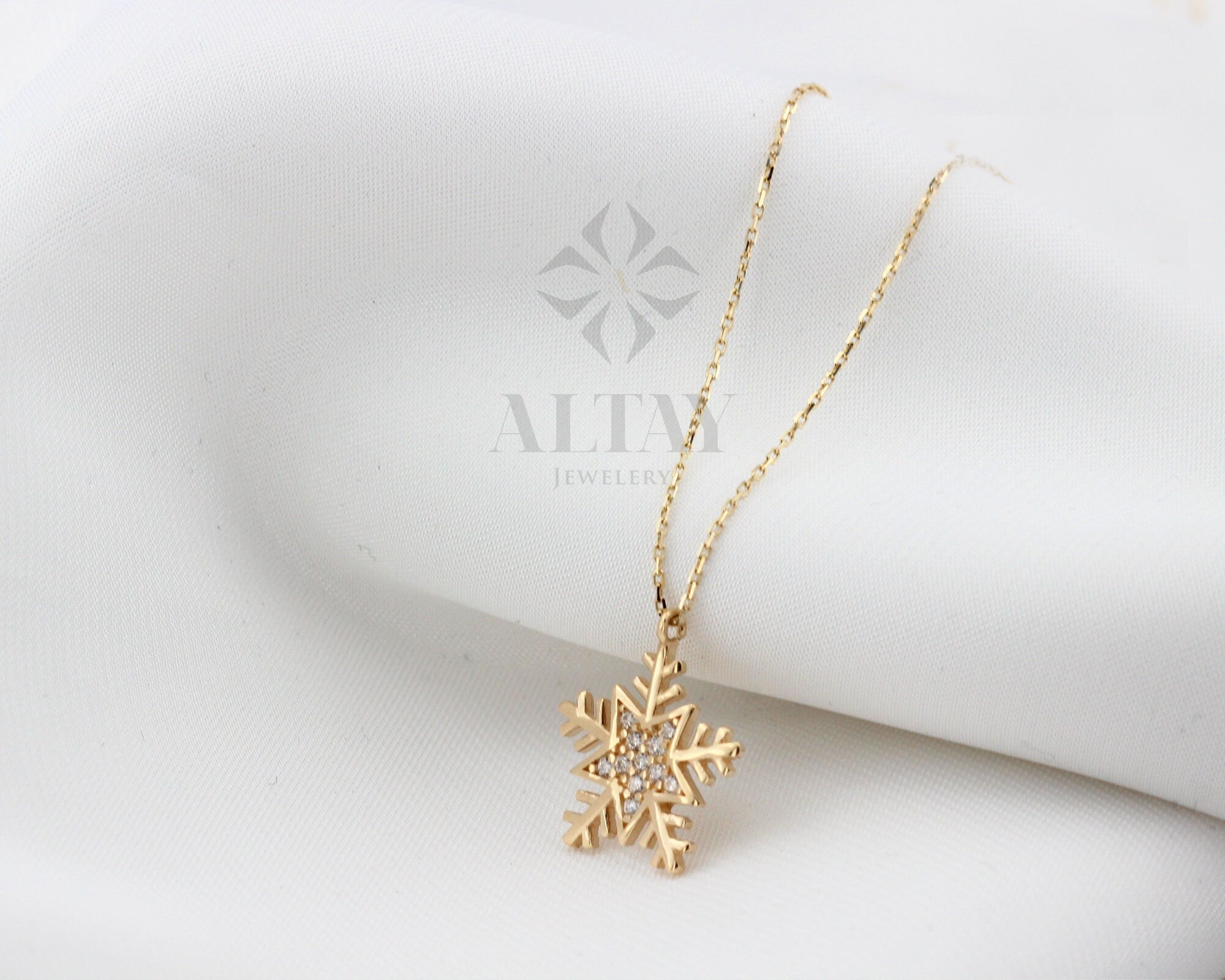 14K Gold Snow Flake Necklace, CZ Diamond Snow Flake Charm, Delicate Dainty Necklace, Minimalist Fine Jewelry, Christmas Gift For Her