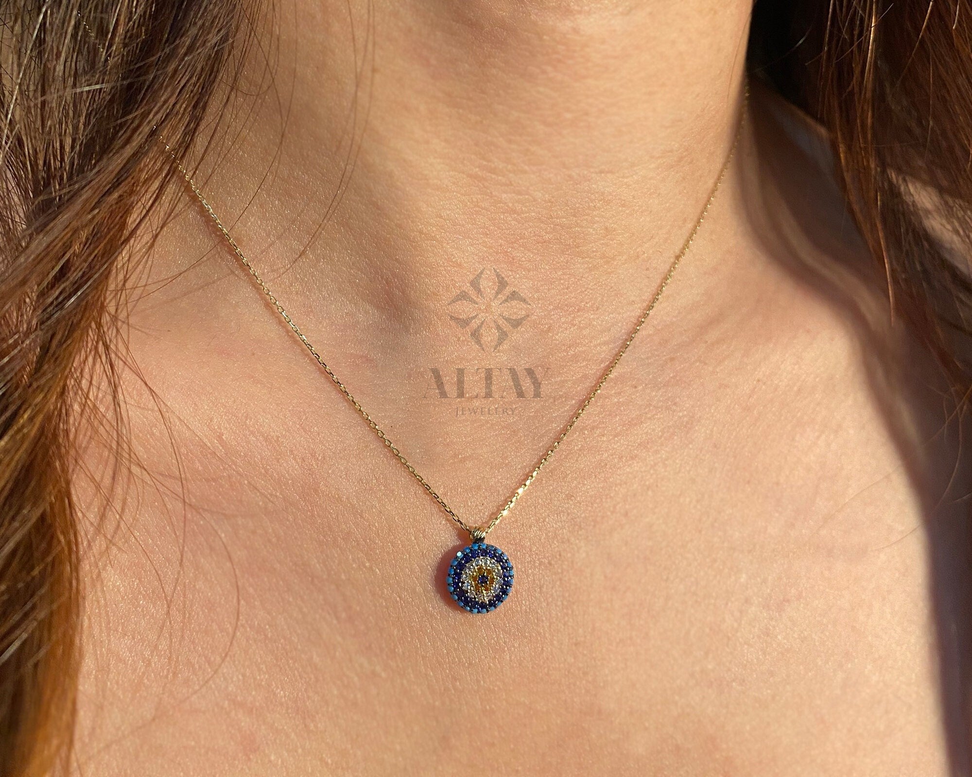 14K Gold Evil Eye Necklace, Gold Evil Eye Pendant, Evil Eye CZ Diamond Charm, Kabbalah Necklace, Good Luck Protection Symbol, Gift For Her