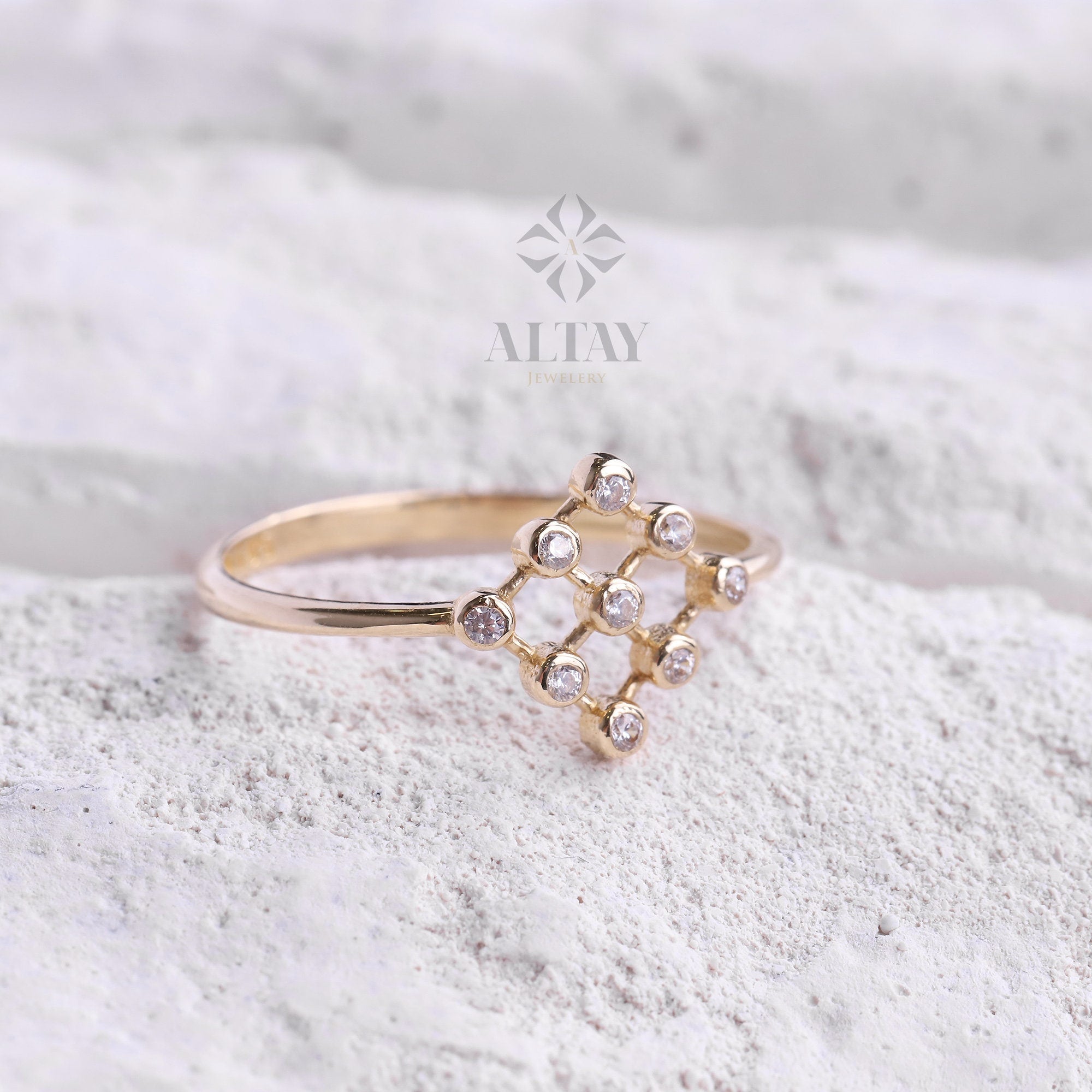 14K Gold Bezel Ring, 9 Set Cluster CZ Diamond Ring, Engagement Ring, Stacking Ring, Dainty Twist Ring, Gold Ring, Anniversary Gift For Her