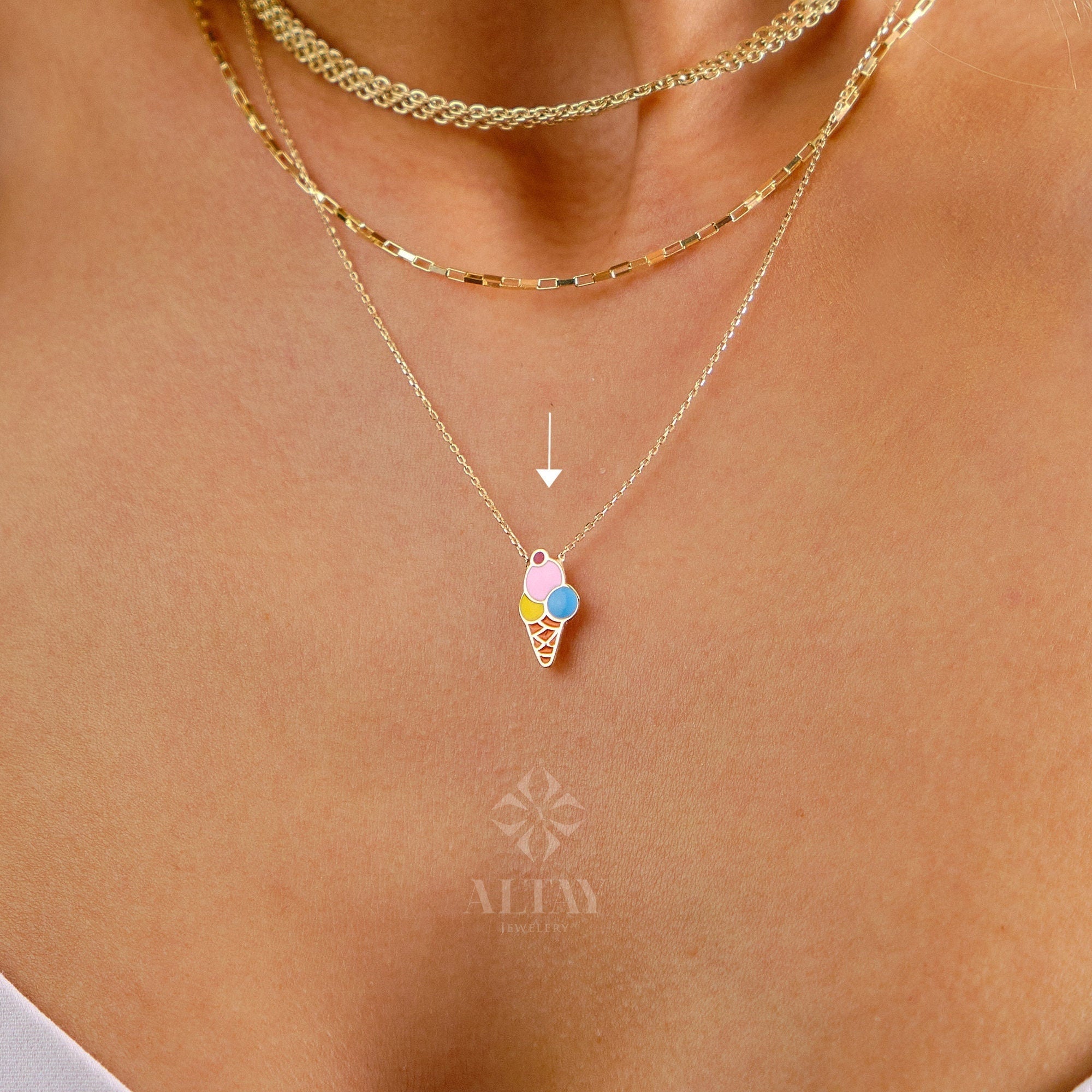 14K Gold Ice Cream Necklace, Ice Cream Pendant, Ice Cream Cone Charm, Enamel Necklace, Colorful Necklace, Summer Choker, Gift For Her