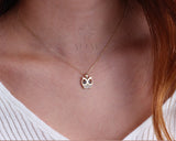 14K Gold Owl Diamond Necklace, CZ Diamond Night Owl Pendant Necklace