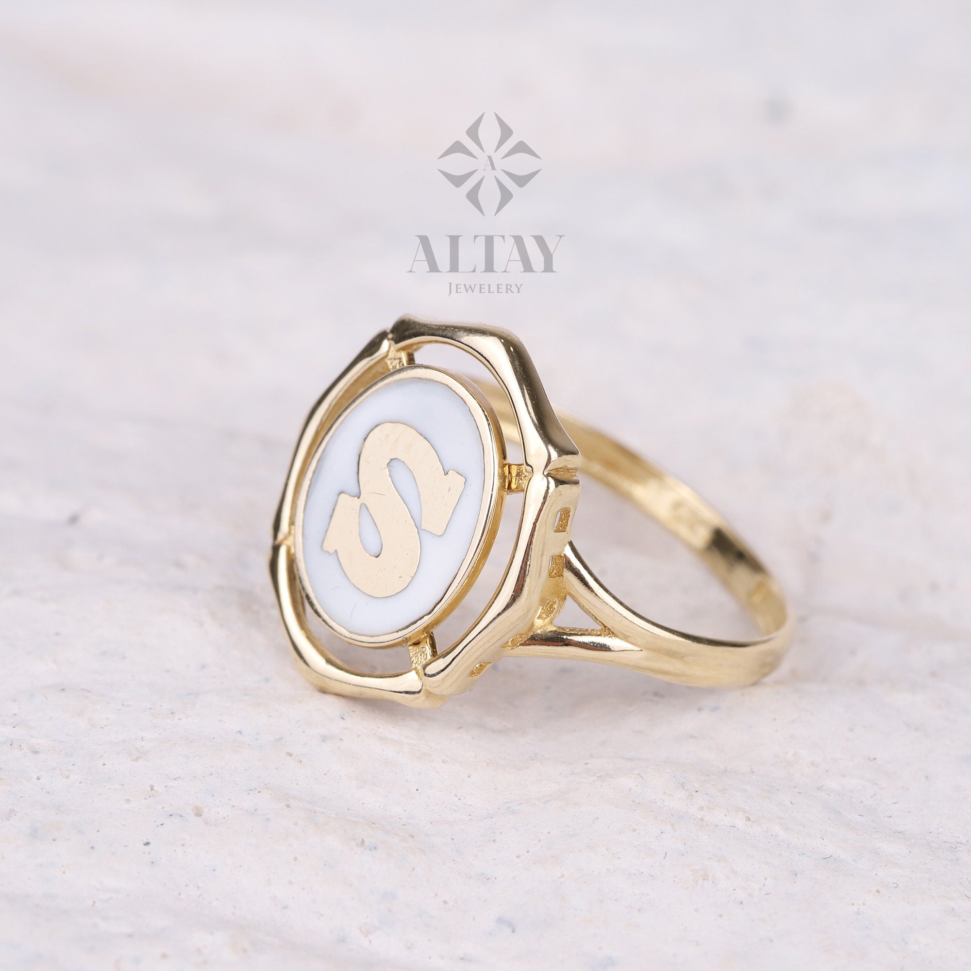 14K Gold Initial Ring, Enamel Letter Ring, Personalized Initial Letter Ring, Initial Engraved Signet Ring, Personalized Name Band, Gift