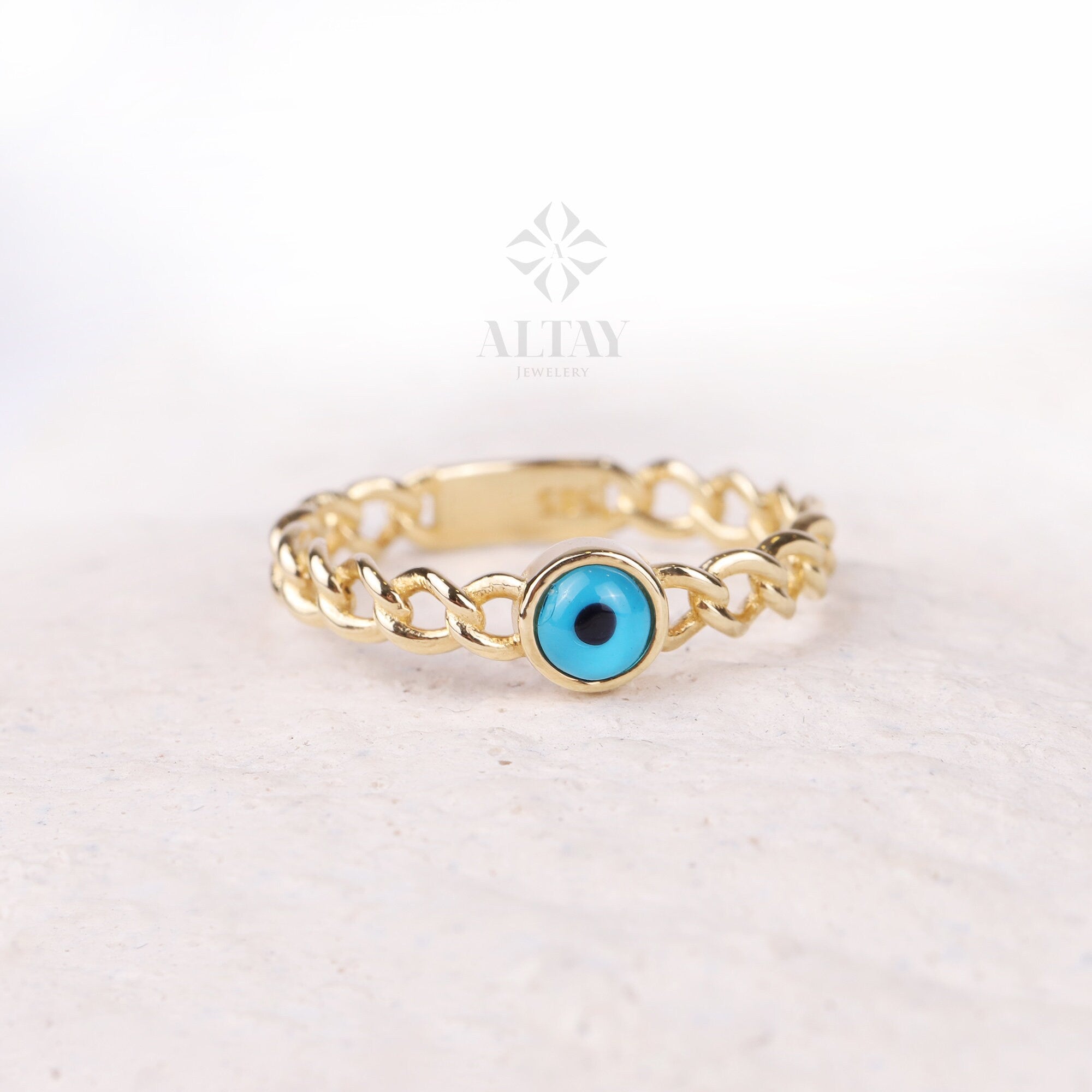 14K Gold Evil Eye Ring, Curb Chain Stacking Ring, Delicate Evil Eye Band, Minimalist Stackable Jewelry, Luck Charm, Protection, Gift for Her
