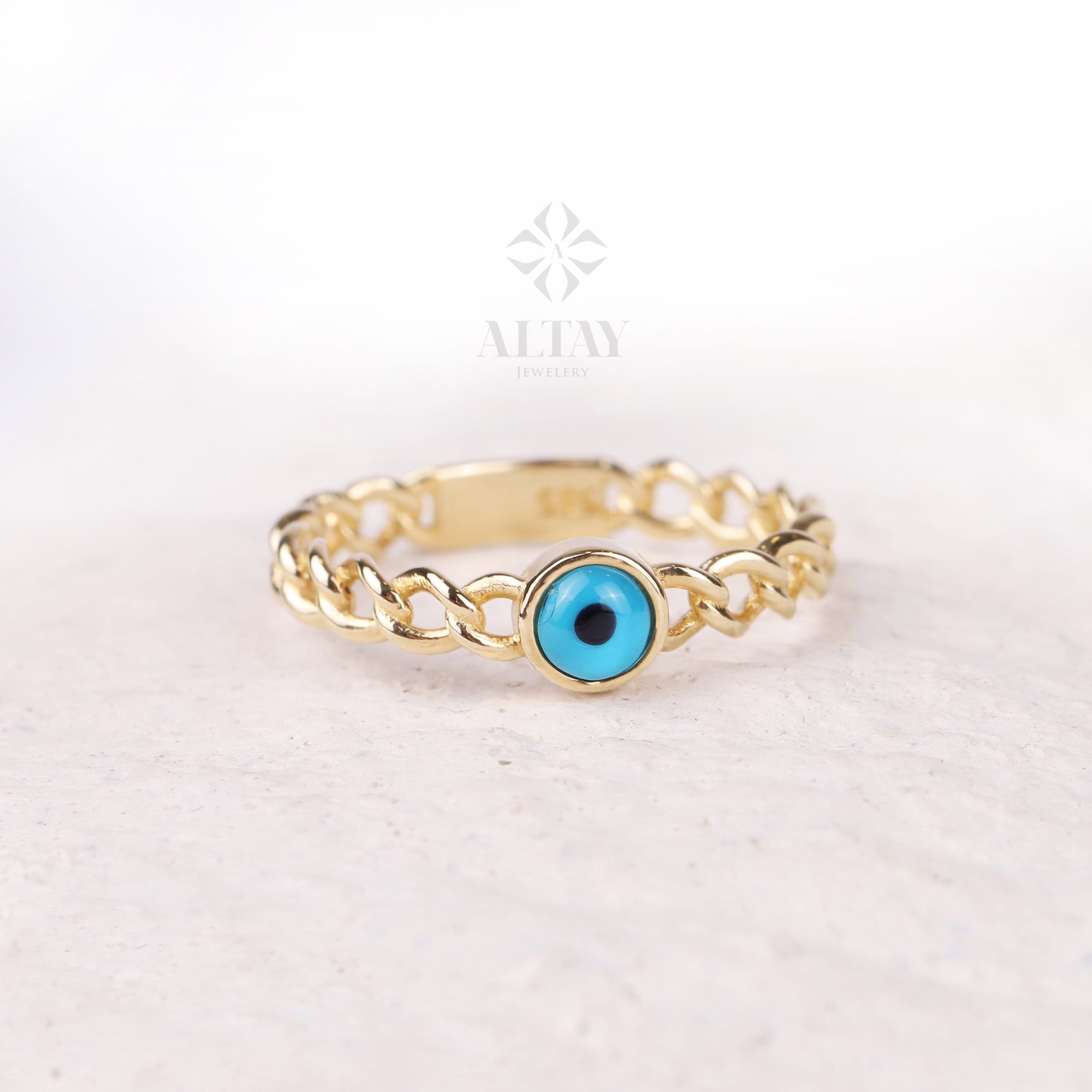 14K Gold Evil Eye Ring, Curb Chain Pinky Ring, Third Eye Ring, Turquoise Protection Ring, Good Luck Band, Round Solitaire Engagement Ring