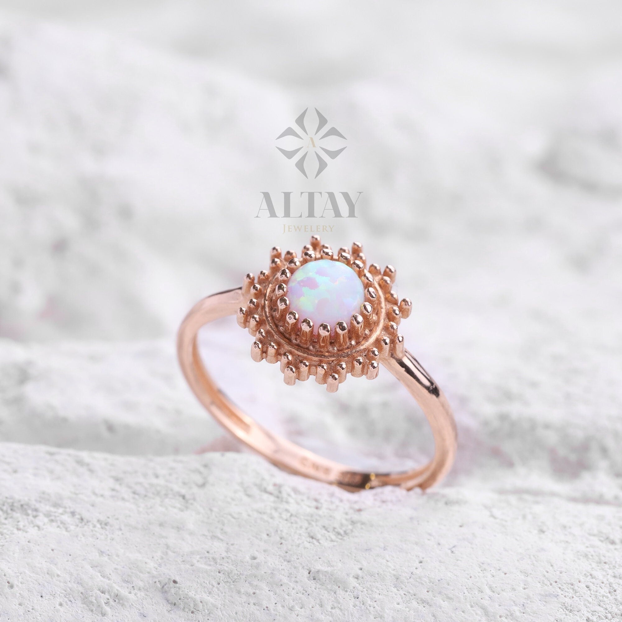 14K Gold Opal Ring, October Birthstone Ring, White Opal Stone, Round Cut Opal Ring, Mothers Day Gift, Gemstone Band, Engagement Ring