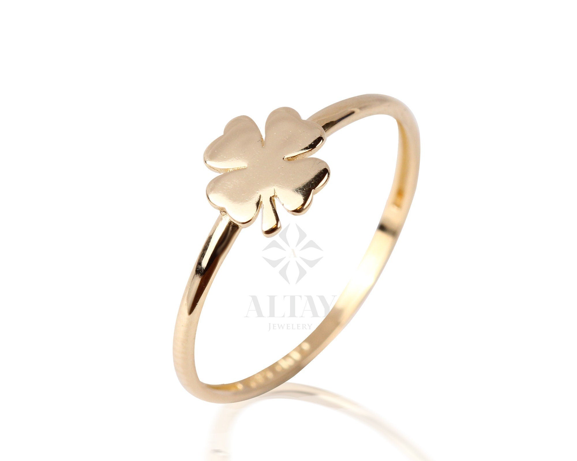 14K Gold Four Leaf Clover Ring, Dainty Good Luck Ring, Clover Lucky Charm Ring, Gold Leaf, St. Patrick's Day Accessory Band, Gift for Her