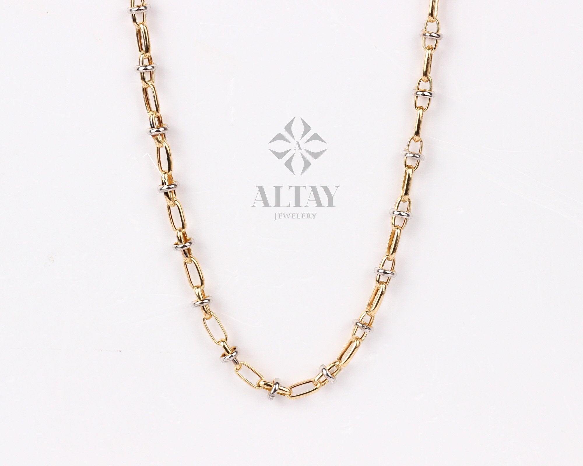 14K Gold Two Tone Chain Necklace, Oval Chain Choker, Rectangle Long Paperclip Chain, Chunky Chain Link, Two-Tone Charm Necklace