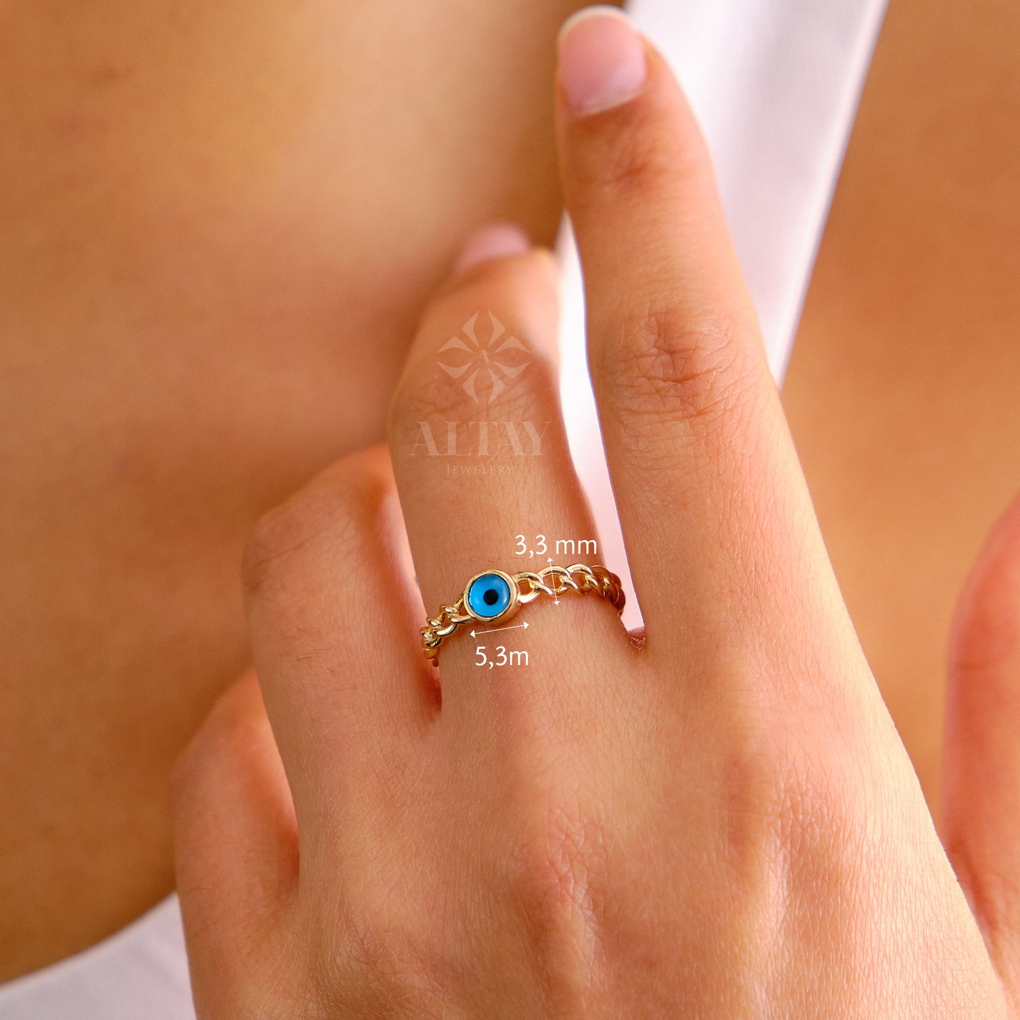 14K Gold Evil Eye Ring, Curb Chain Pinky Ring, Third Eye Ring, Turquoise Protection Ring, Good Luck Band, Round Solitaire Engagement Ring