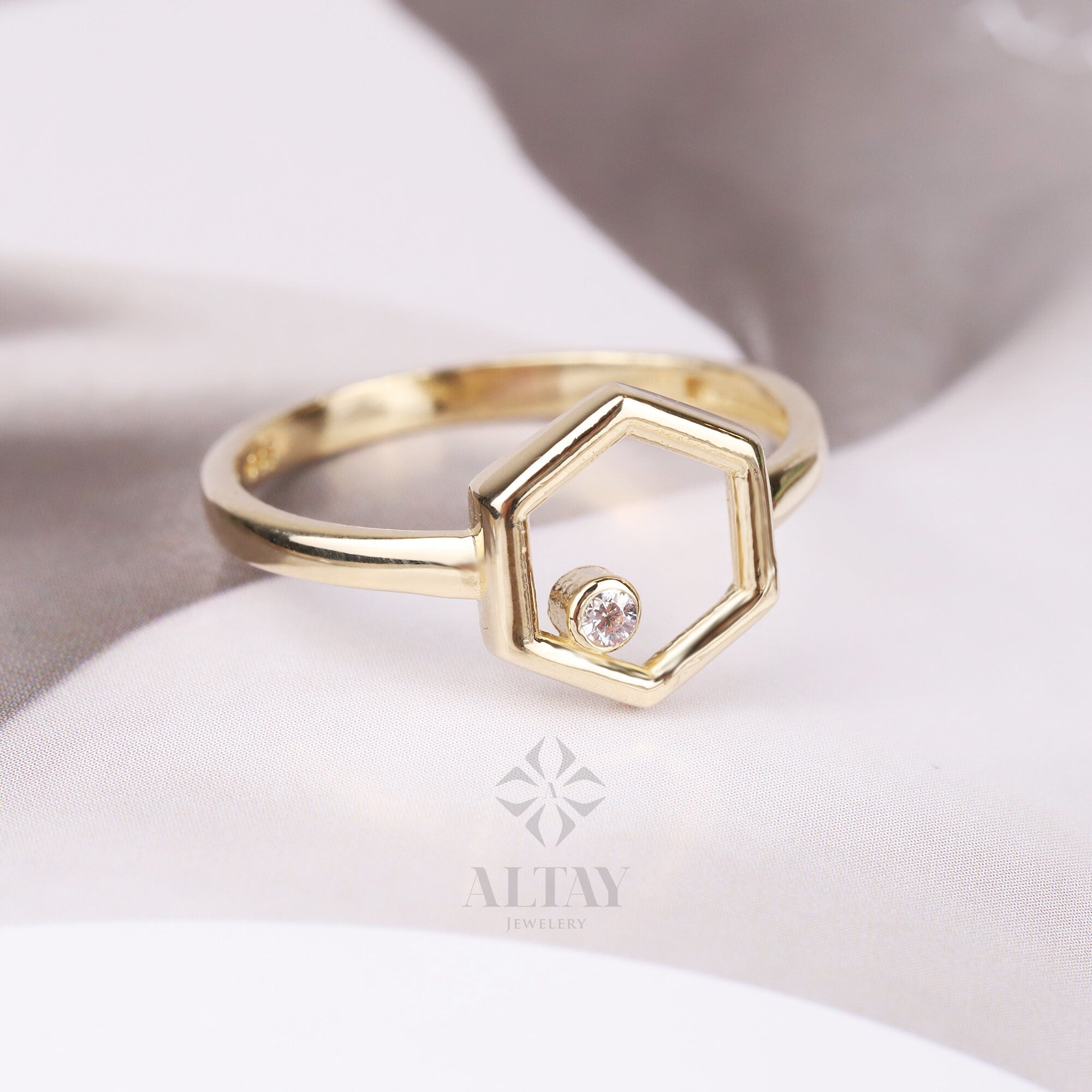 14K Gold Hexagon Ring, Cz Diamond Ring, Geometric Knuckle Ring, Hexagon Stacking Band Ring, Dainty Wedding Ring, Unique Design Gold Ring