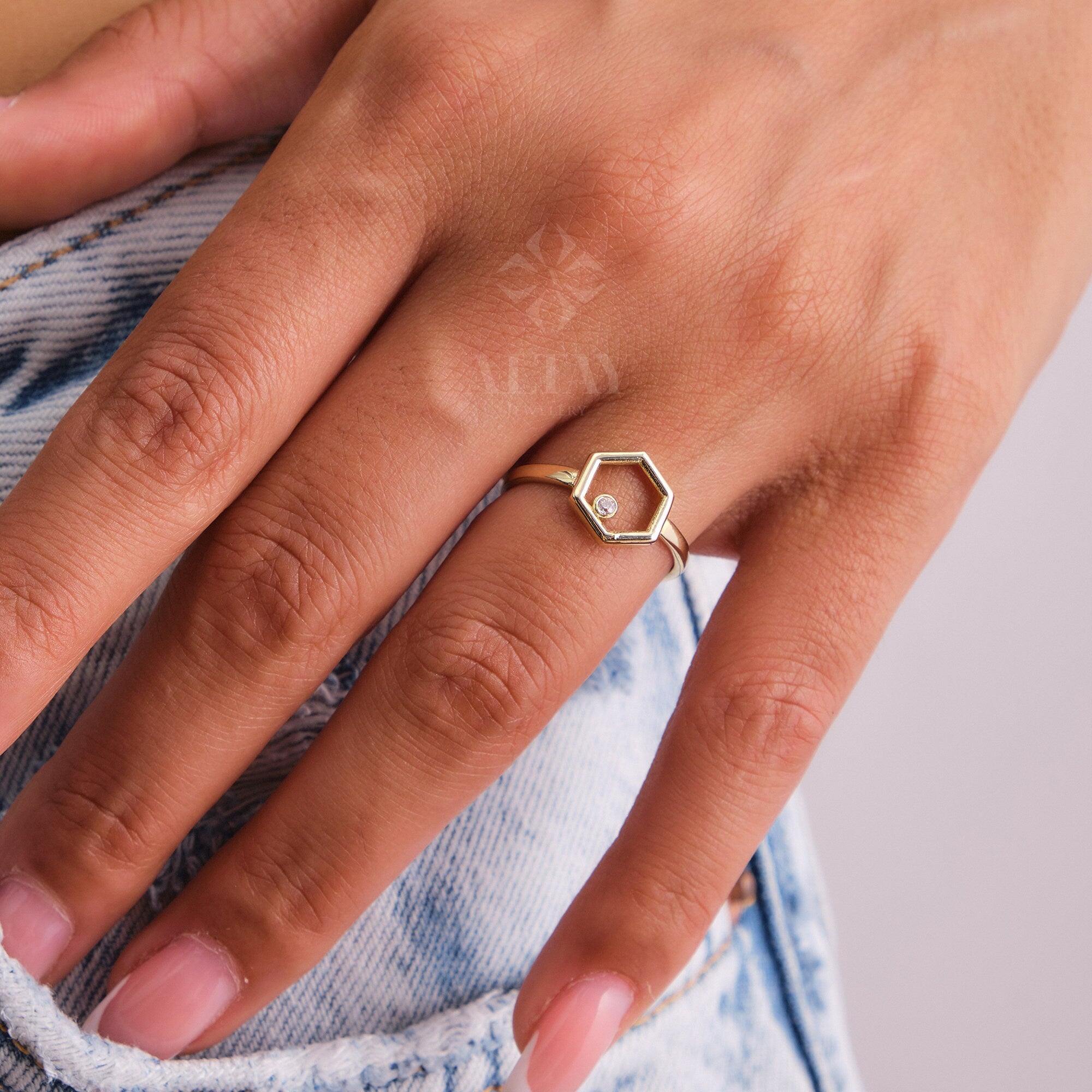 14K Gold Hexagon Ring, Cz Diamond Ring, Geometric Knuckle Ring, Hexagon Stacking Band Ring, Dainty Wedding Ring, Unique Design Gold Ring