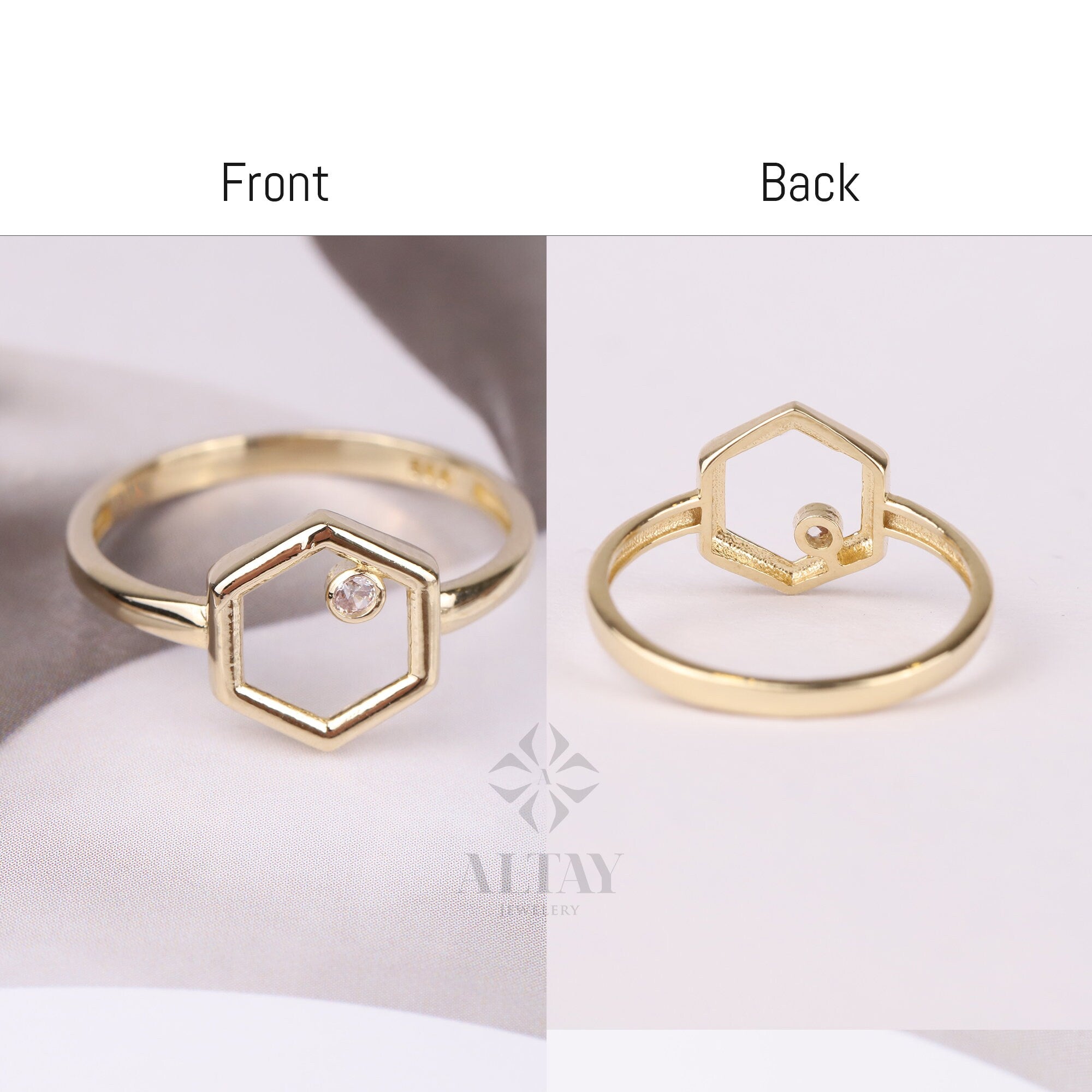 14K Gold Hexagon Ring, Cz Diamond Ring, Geometric Knuckle Ring, Hexagon Stacking Band Ring, Dainty Wedding Ring, Unique Design Gold Ring