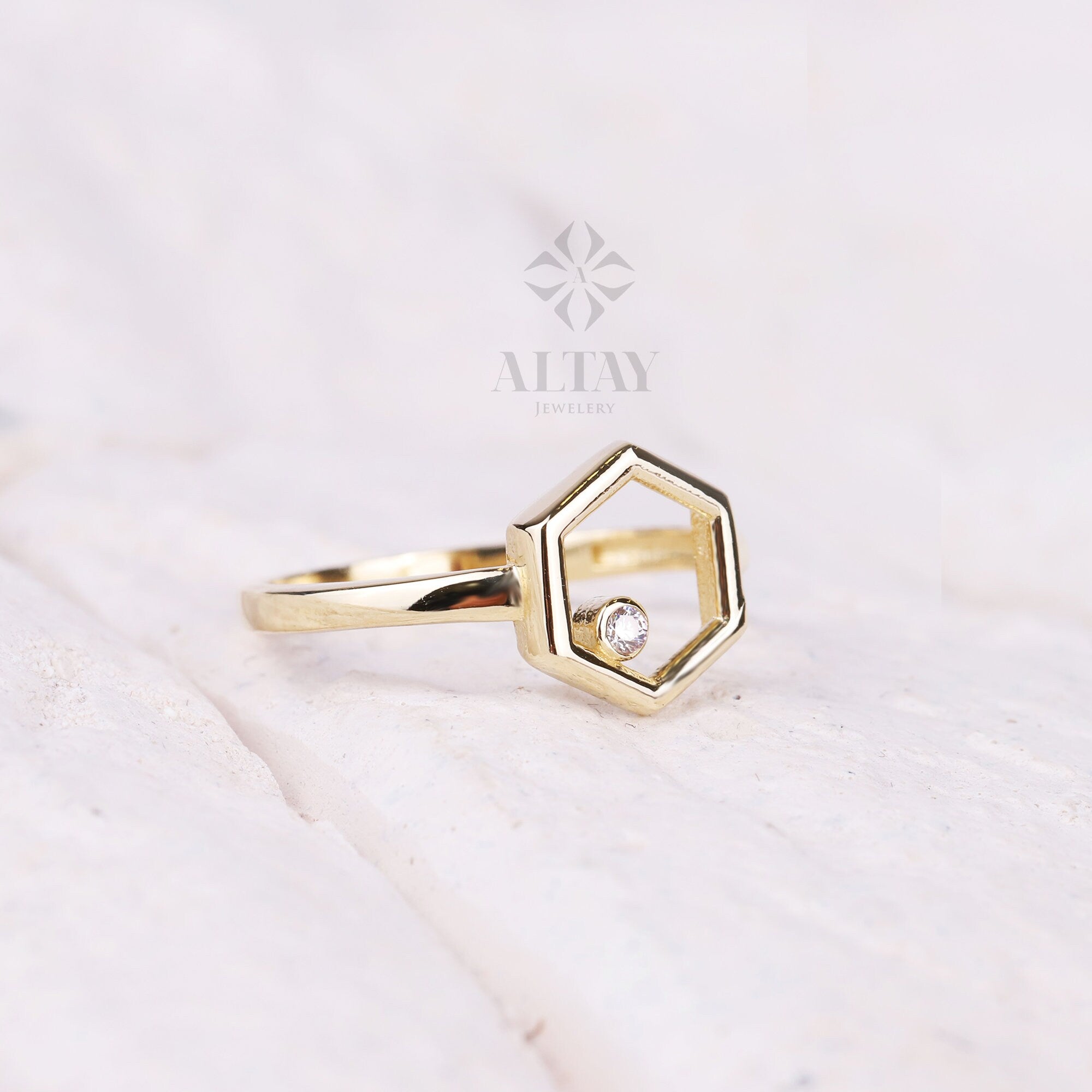 14K Gold Hexagon Ring, Cz Diamond Ring, Geometric Knuckle Ring, Hexagon Stacking Band Ring, Dainty Wedding Ring, Unique Design Gold Ring