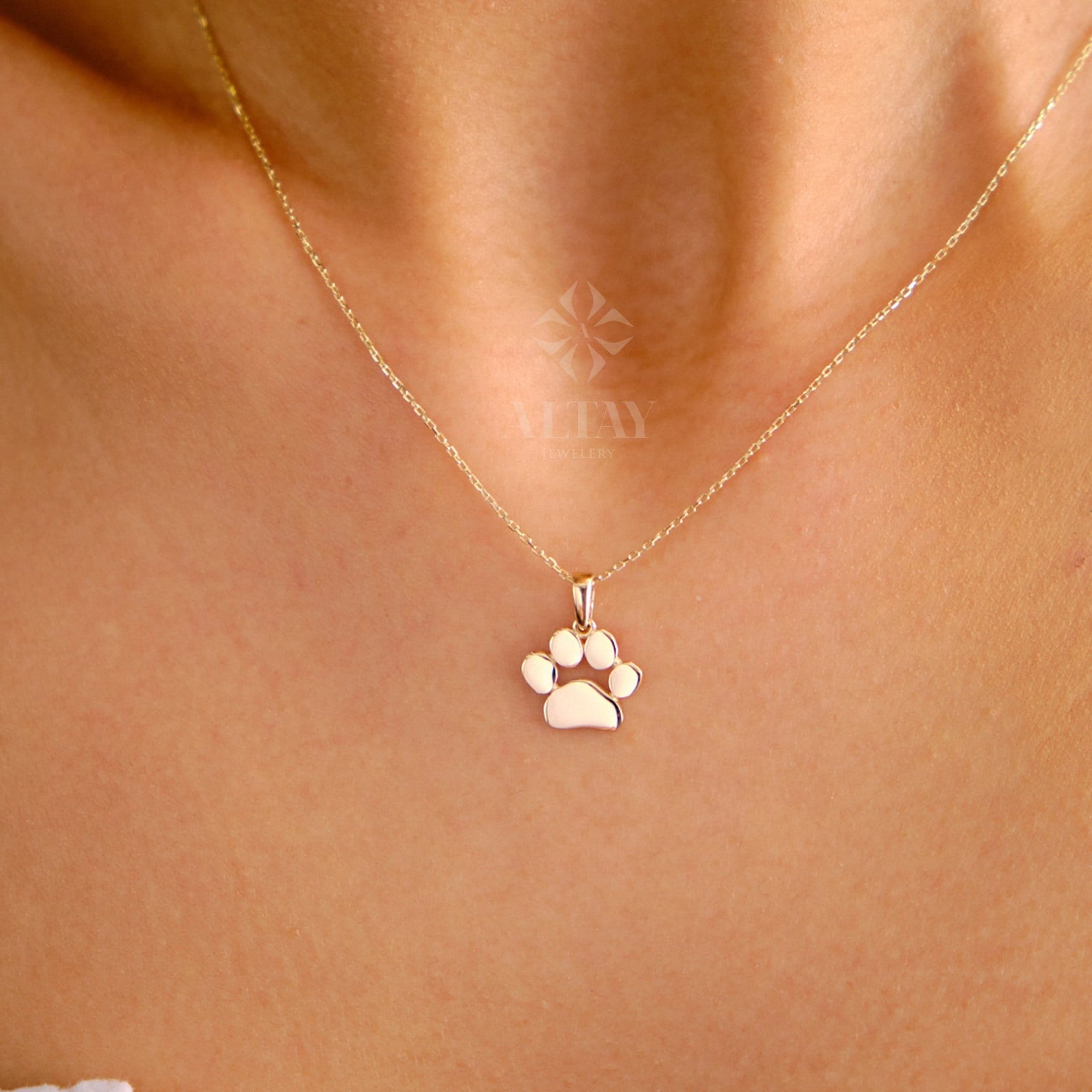 14K Gold Paw Print Name Necklace, Personalized Dog Paw Necklace, Tiny Dog Cat Lover Charm Pendant, Animal Necklace, Pet Memorial Necklace