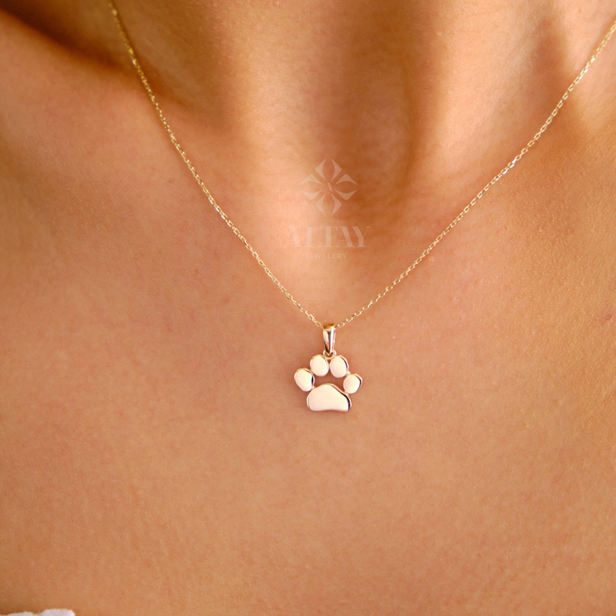 14K Gold Paw Print Necklace, Puppy Paw Pendant, Small Dog Cat Lover Charm Pendant, Engraved Initial Choker, Personalized Memorial Gift