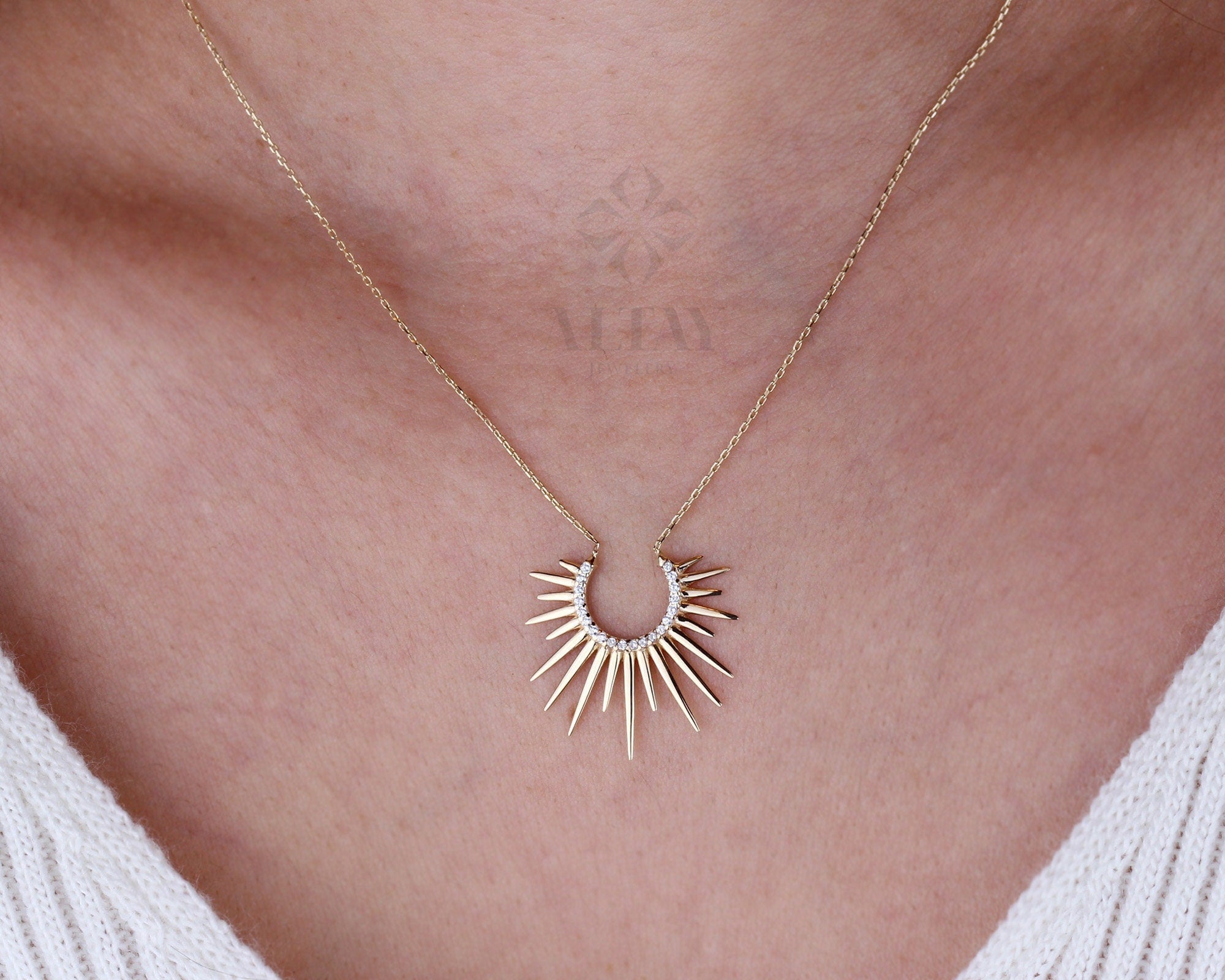 14K Gold Sunburst Necklace, Spikey Gold Sun Pendant, Celestial Layering Choker, Crescent Necklace, Semicircle Dainty Charm, Gift For Her