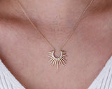 14K Gold Sunburst Necklace, Spikey Gold Sun Pendant
