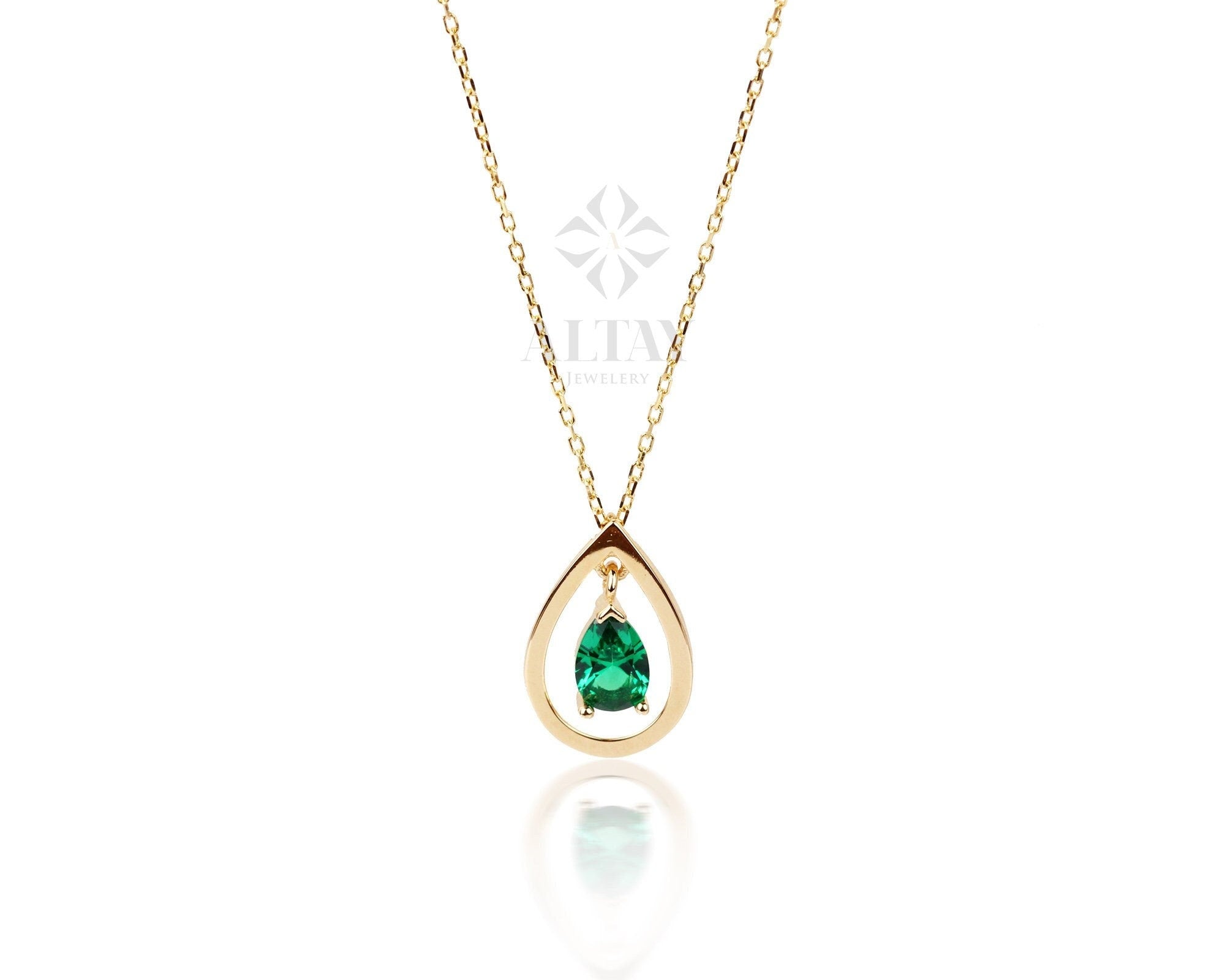 14K Gold Pear Shape Emerald Necklace, Teardrop Emerald Pendant, Solitaire Necklace, Pear Cut Birthstone Necklace, Halo Pendant, Moms Gift