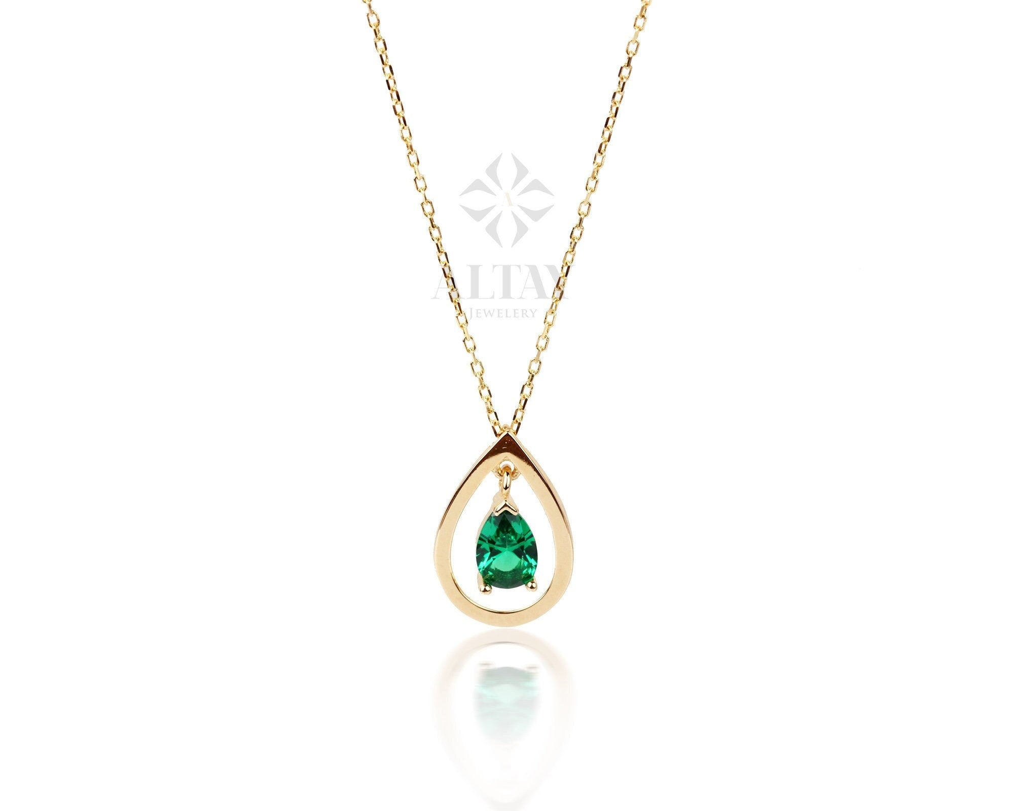 14K Gold Emerald Teardrop Necklace, Pear Cut Green Stone Pendant, Dainty Real Gold Necklace, Minimal Birthstone Jewelry, Gift for Her