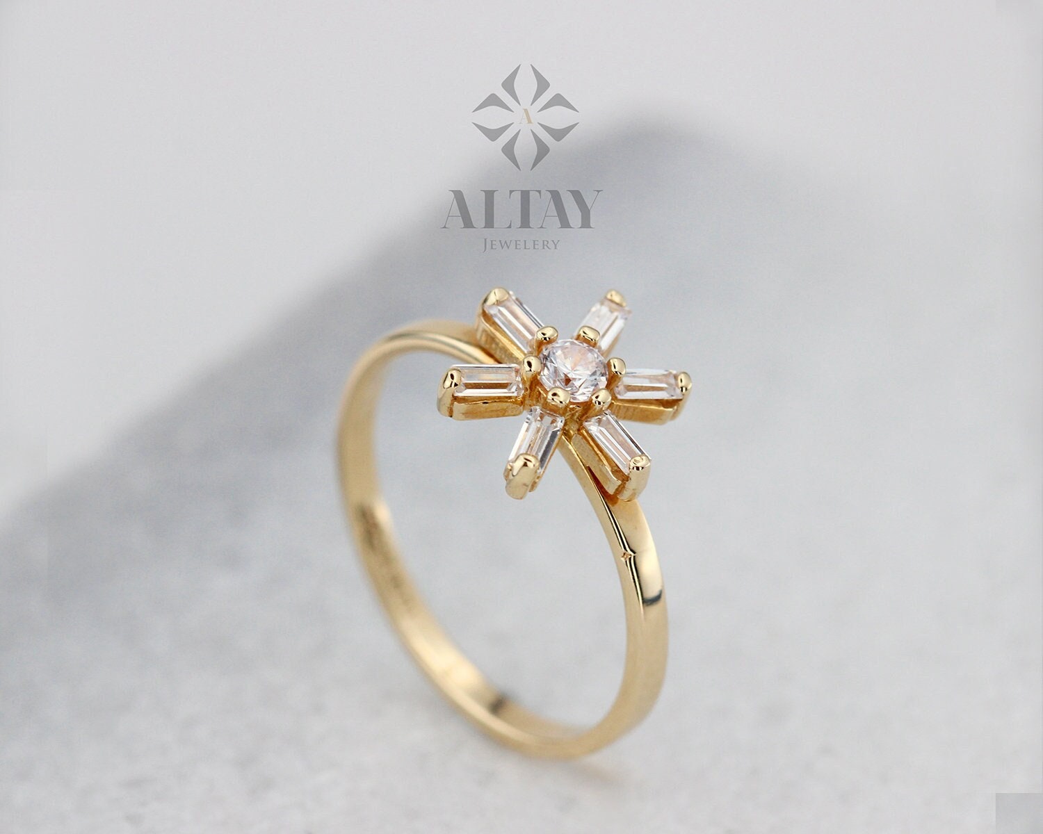 14K Solid Gold Flower Ring, Baguette Stackable Band, CZ Diamond Statement Ring, Dainty Daisy Ring, Promise Ring, Engagement Ring, Gift