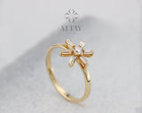 14K Solid Gold Flower Ring, Baguette Stackable Band