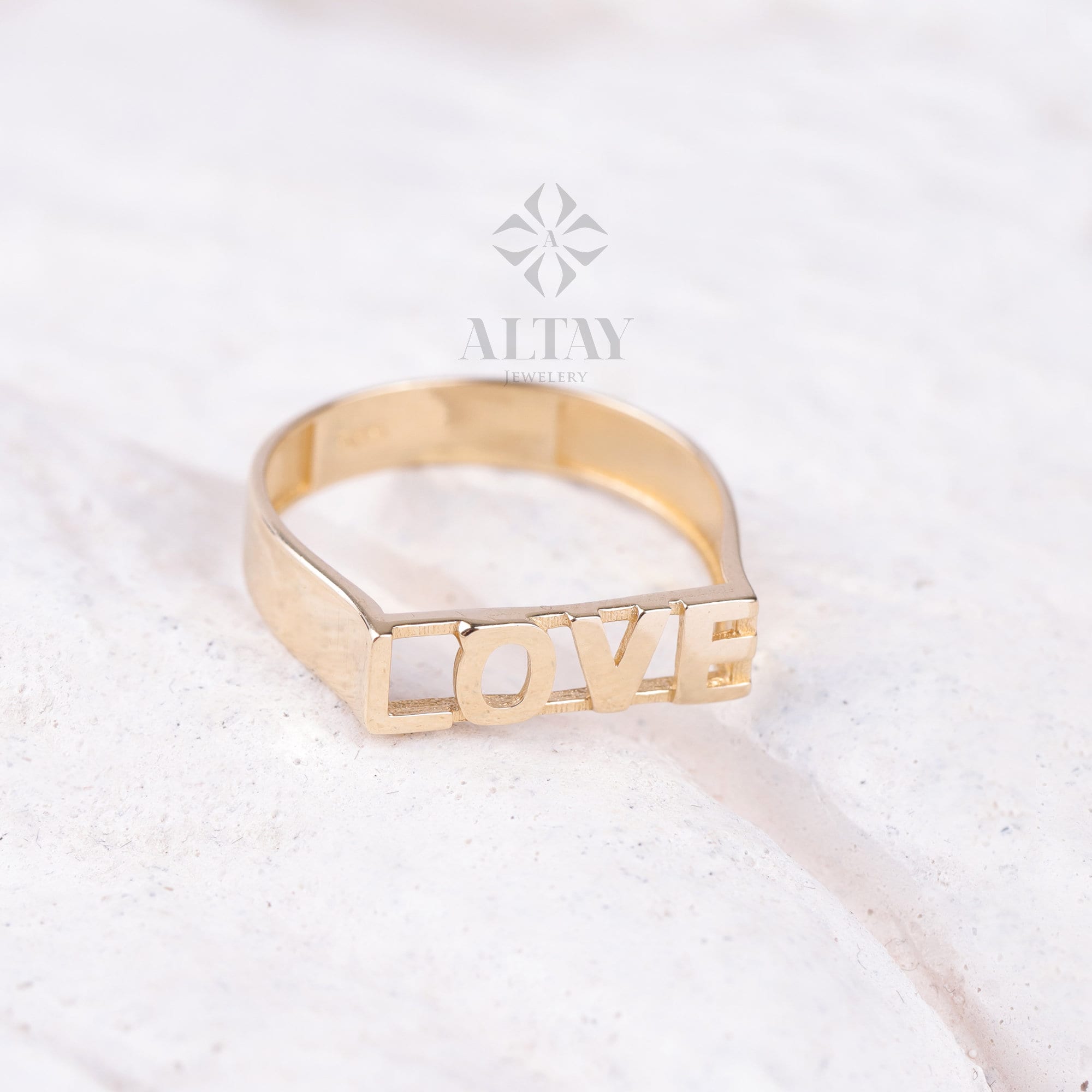 14K Gold Love Ring, Love Word Signet Ring, Stackable Love Ring, Dainty Script Love Ring, Love Engraved Gold Ring, Love Jewelry, Engagement