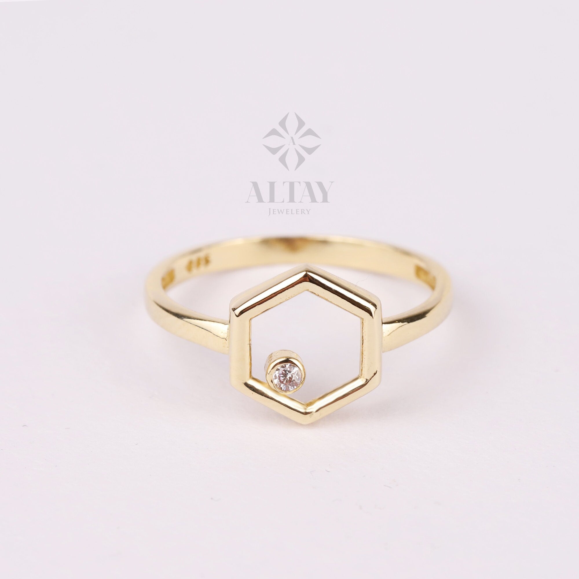 14K Gold Hexagon Ring, Cz Diamond Ring, Geometric Knuckle Ring, Hexagon Stacking Band Ring, Dainty Wedding Ring, Unique Design Gold Ring