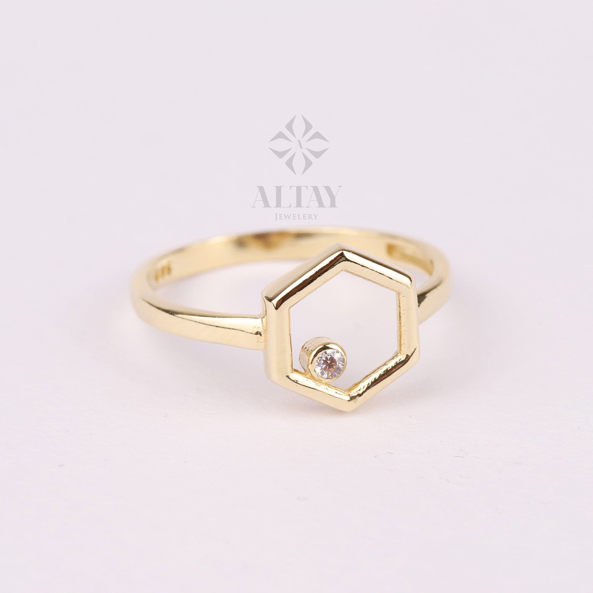 14K Gold Hexagon Ring, Cz Diamond Ring, Geometric Knuckle Ring, Hexagon Stacking Band Ring, Dainty Wedding Ring, Unique Design Gold Ring