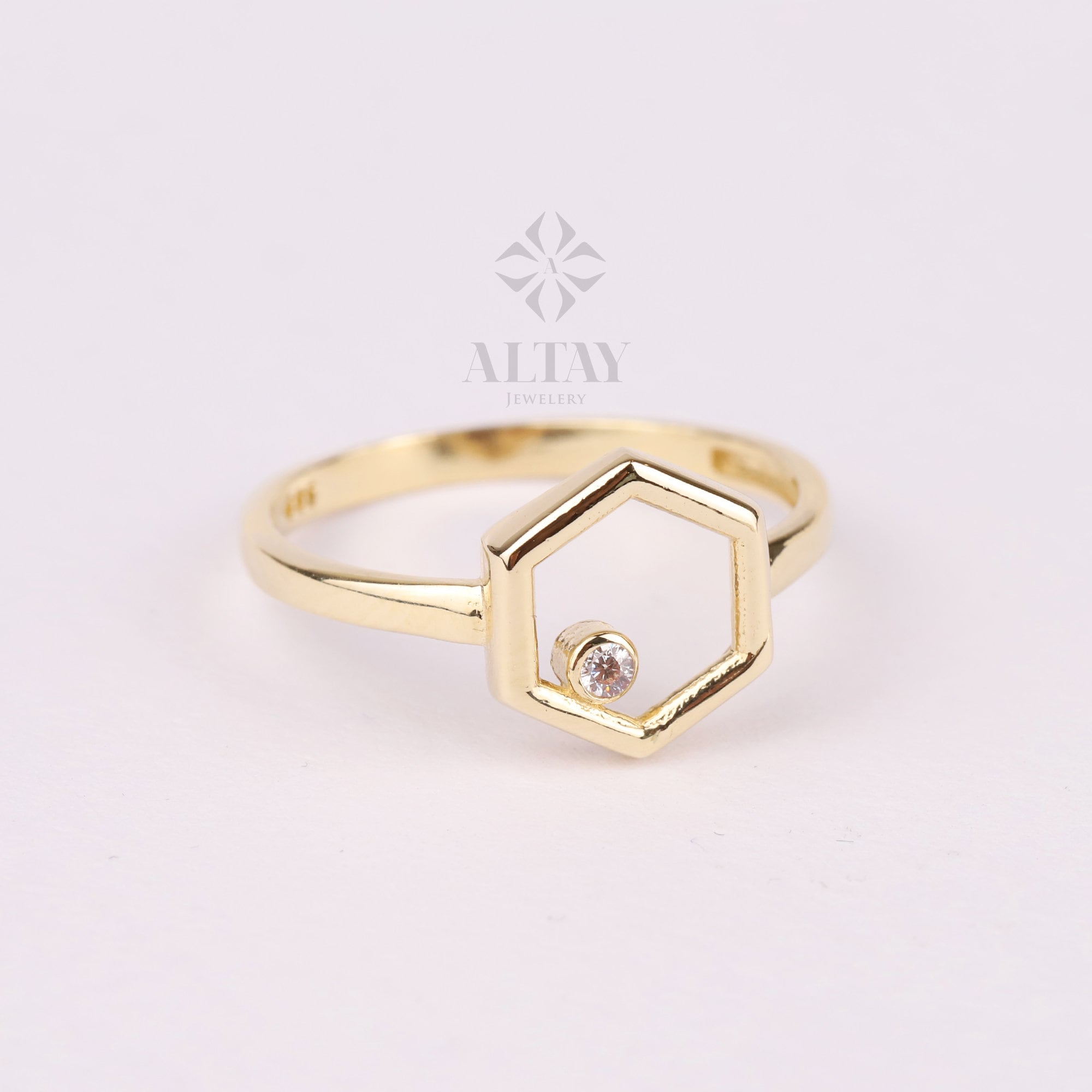 14K Gold Hexagon Ring, Birthstone Ring, Personalized Solitaire Ring, Custom Stacking Band, Dainty Wedding Ring, Engravable Geometric Ring