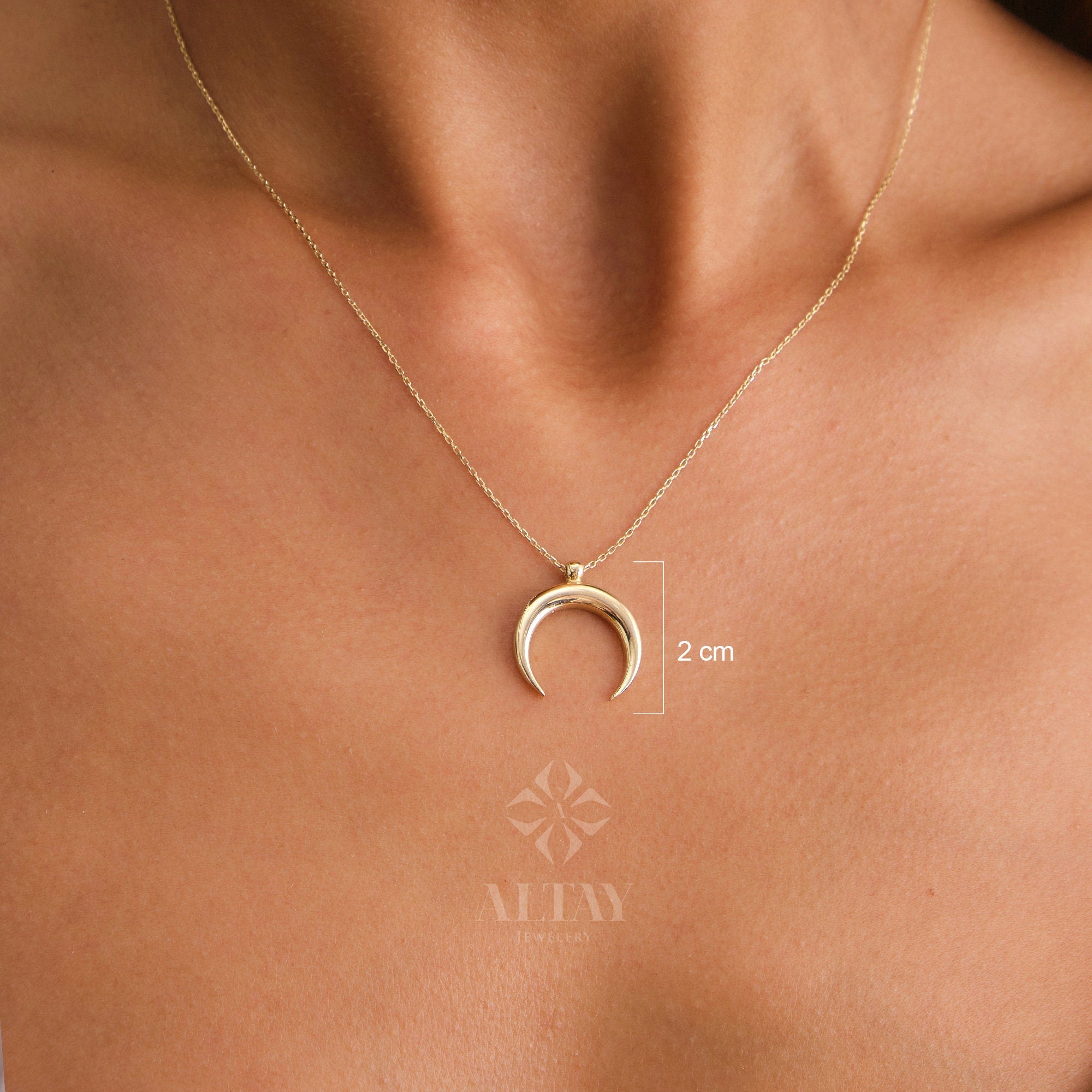 14K Horn Necklace, Solid Gold Moon Necklace, Crescent Moon Pendant, Tiny Celestial Charm, Dainty Stackable Gold Pendants