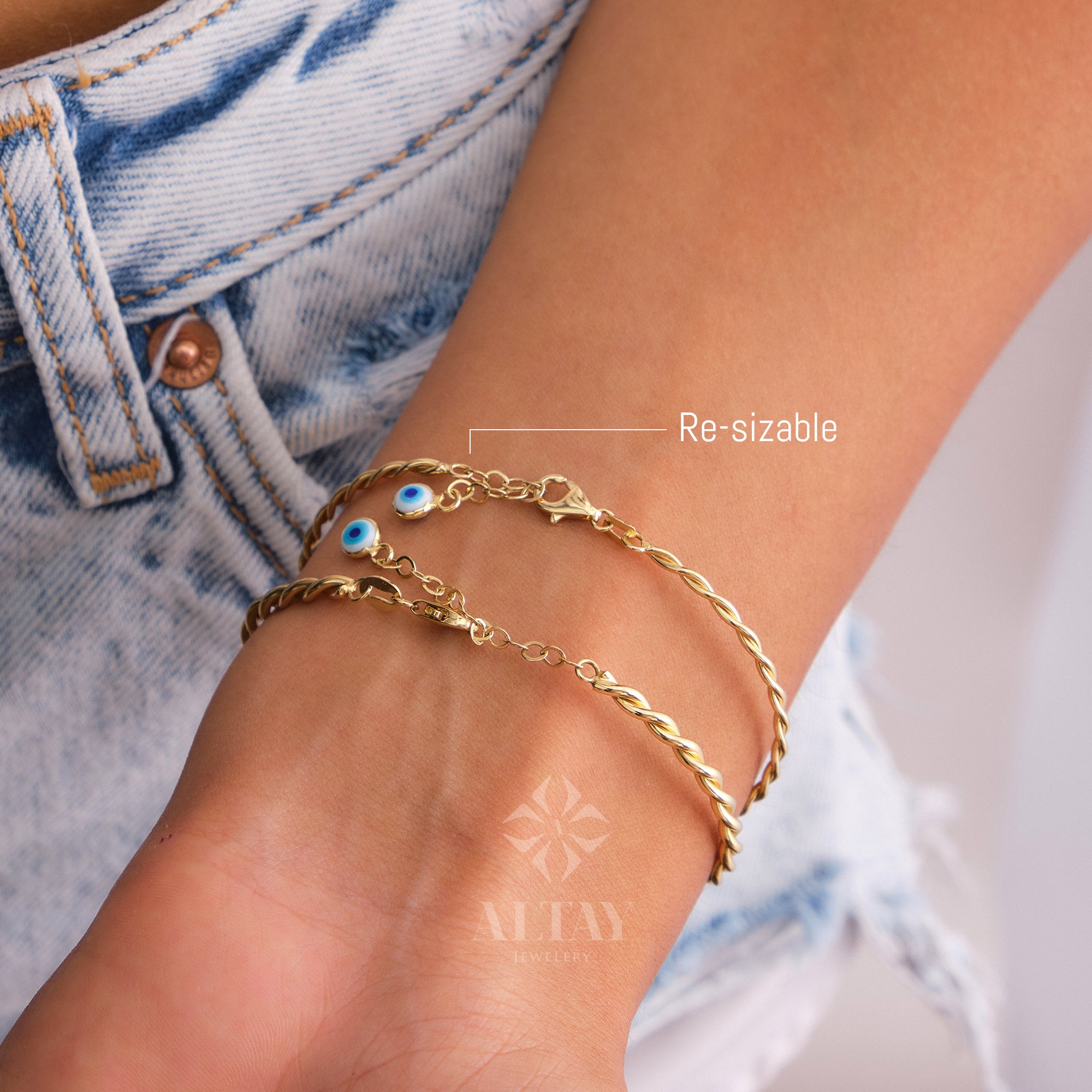 14K Gold Rope Bangle, Twisted Adjustable Gold Bangle, 2.75mm 1.95mm Wide Bracelet, Personalized Evil Eye Extender, Wire Stacking Cuff