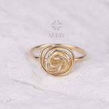 14K Gold Spiral Ring, Wire Rose Flower Ring