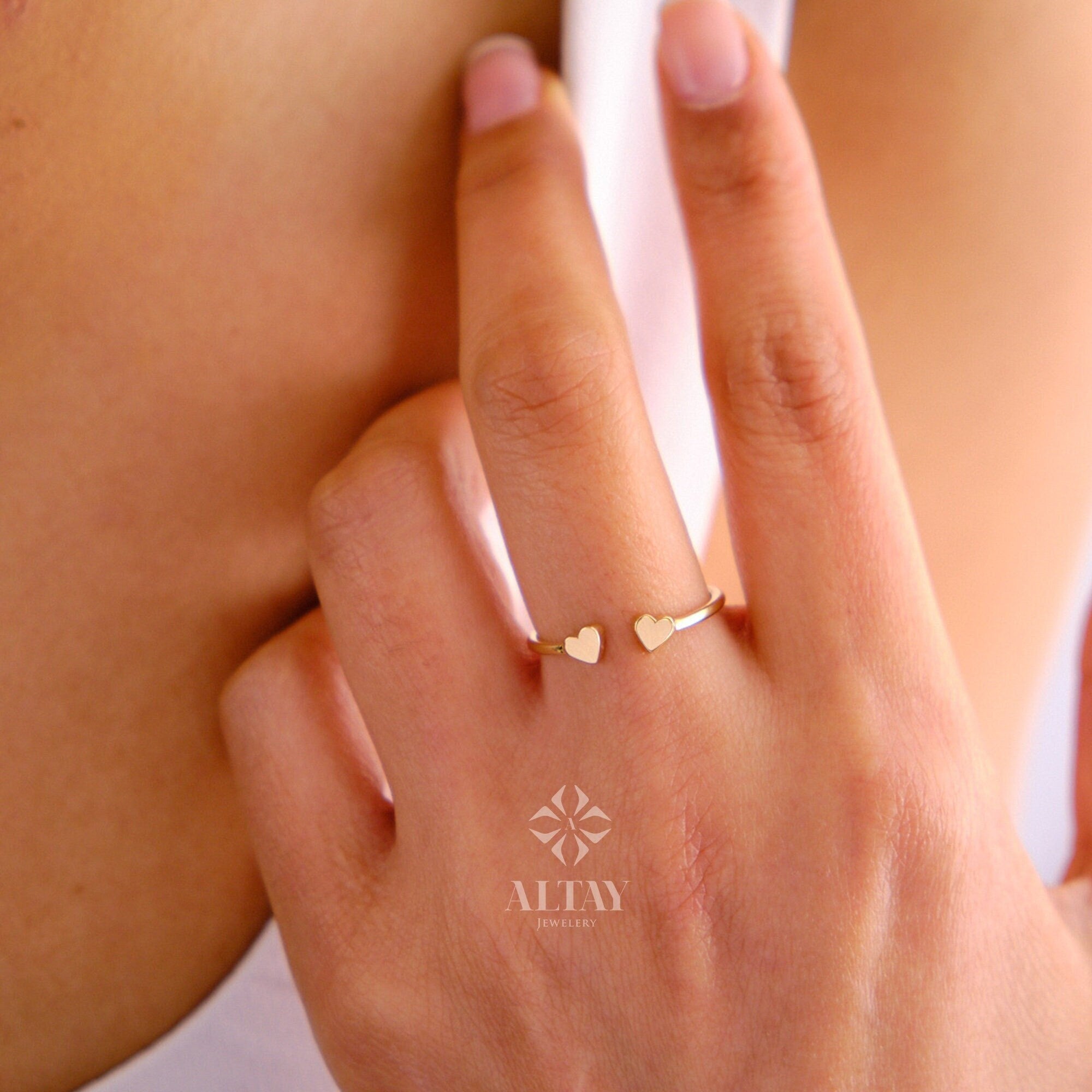 14K Gold Heart Ring, Double Heart Ring, Personalized Open Heart, Minimalist Stackable Ring, Promise Knuckle Band Ring, Love Promise Ring
