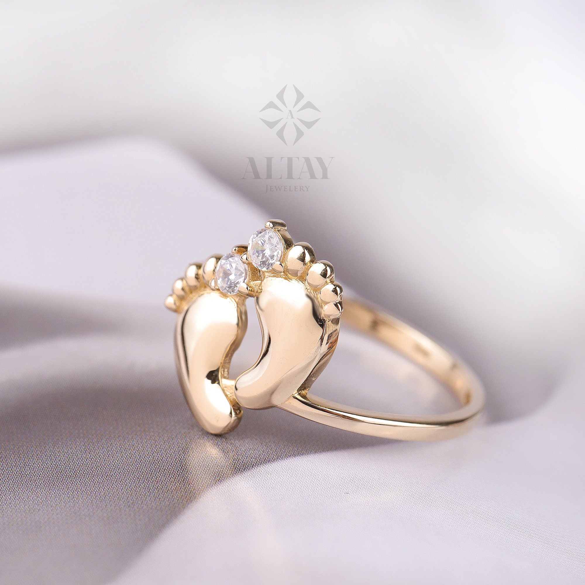 14K Gold Baby Feet Ring, Personalized Name Band, Birthstone Footprint Ring, Custom Engraved Newborn Ring, New Mom Gift