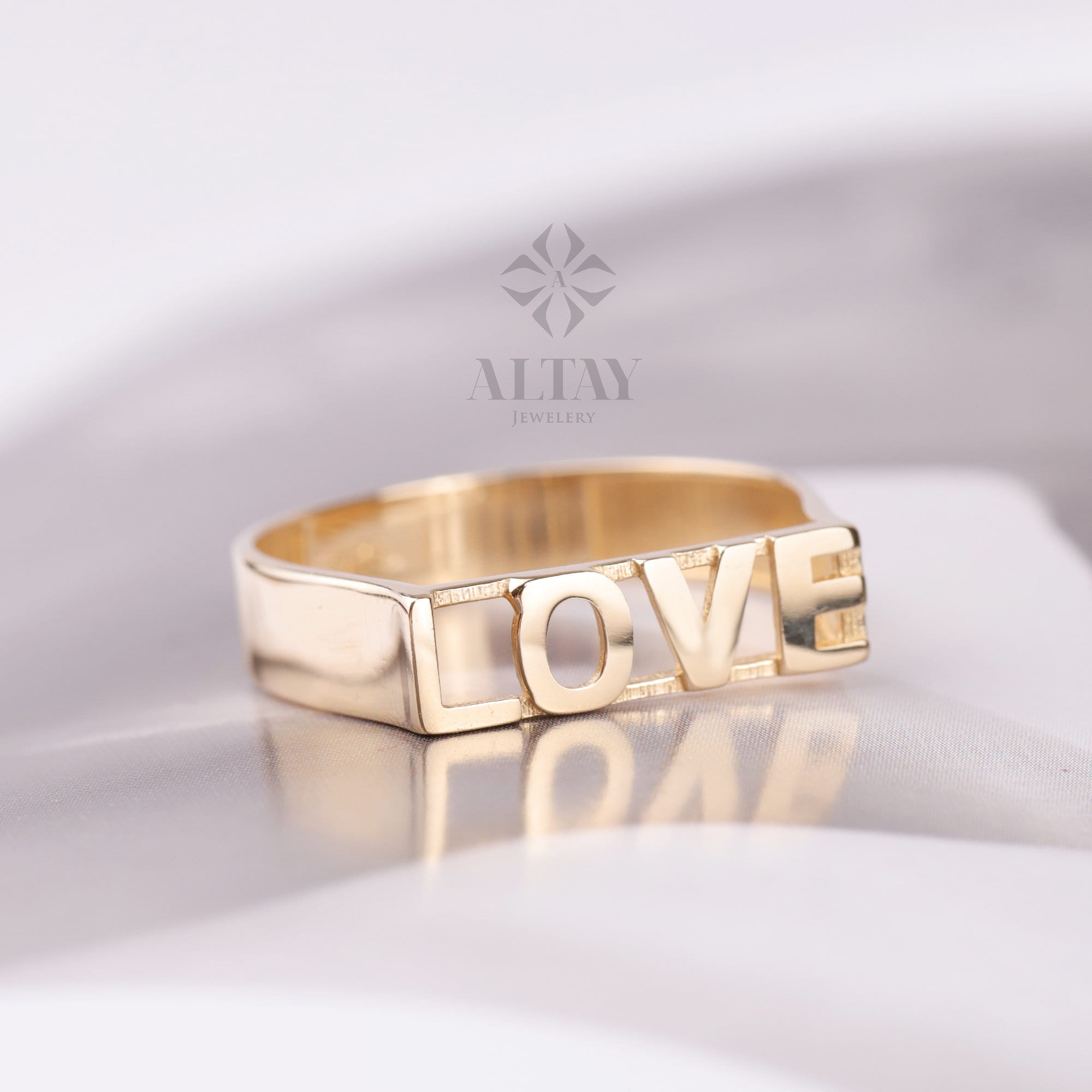 14K Gold Love Ring, Love Word Signet Ring, Stackable Love Ring, Dainty Script Love Ring, Love Engraved Gold Ring, Love Jewelry, Engagement