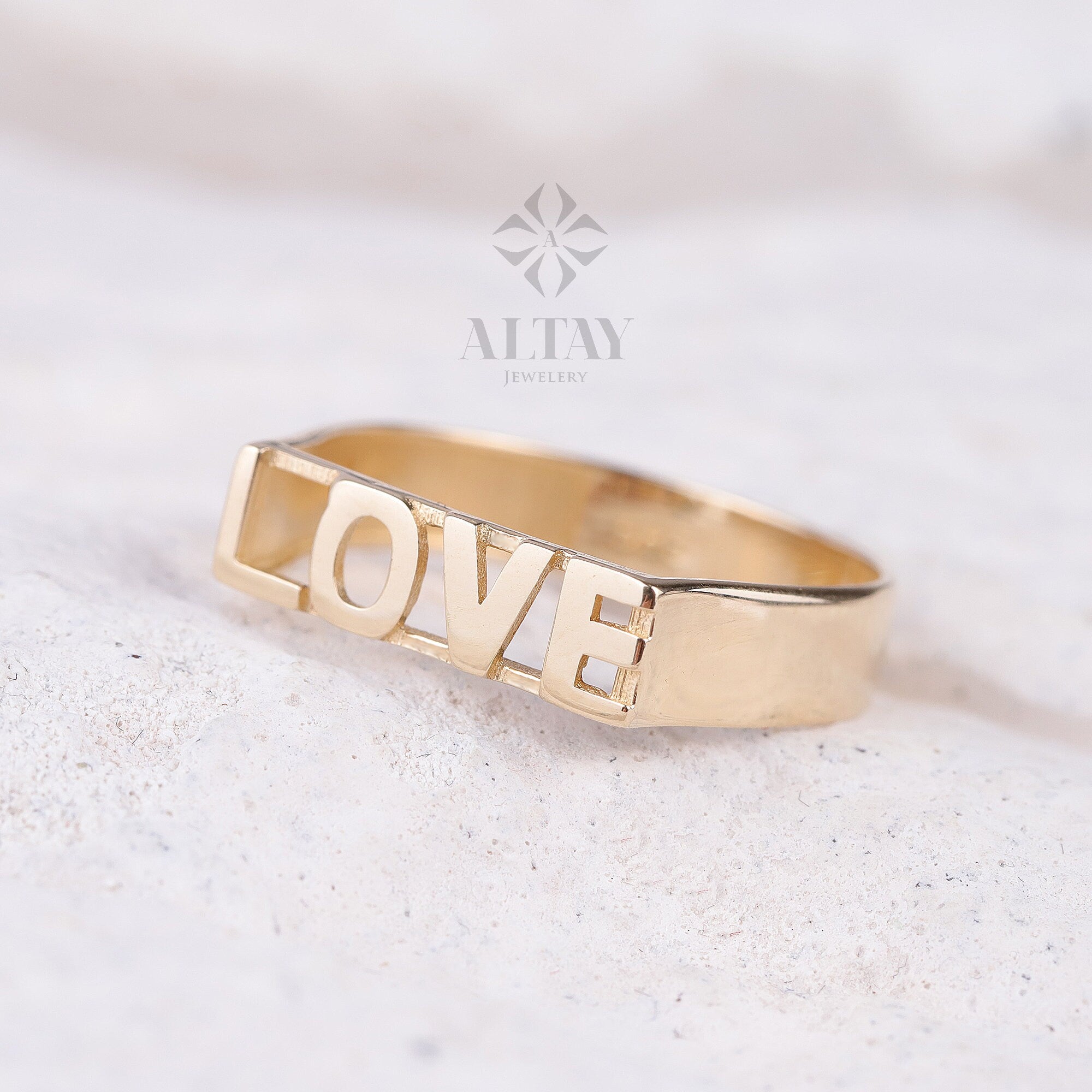 14K Gold Love Ring, Love Word Signet Ring, Stackable Love Ring, Dainty Script Love Ring, Love Engraved Gold Ring, Love Jewelry, Engagement