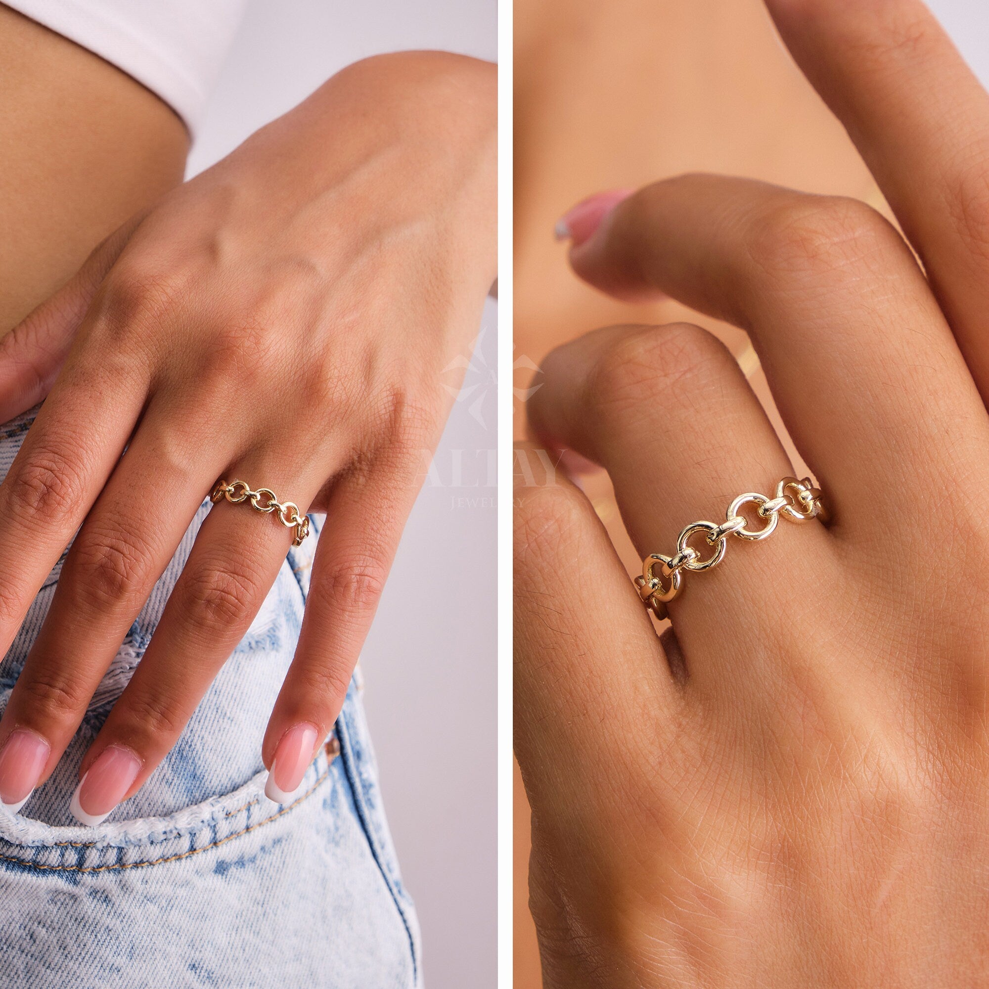 14K Gold Chain Ring, Chain Round Link Ring, Belt Chain Rolo Ring, Bold Chain Ring, Solid Gold Stacking Ring, Layering Minimalist Chain Link