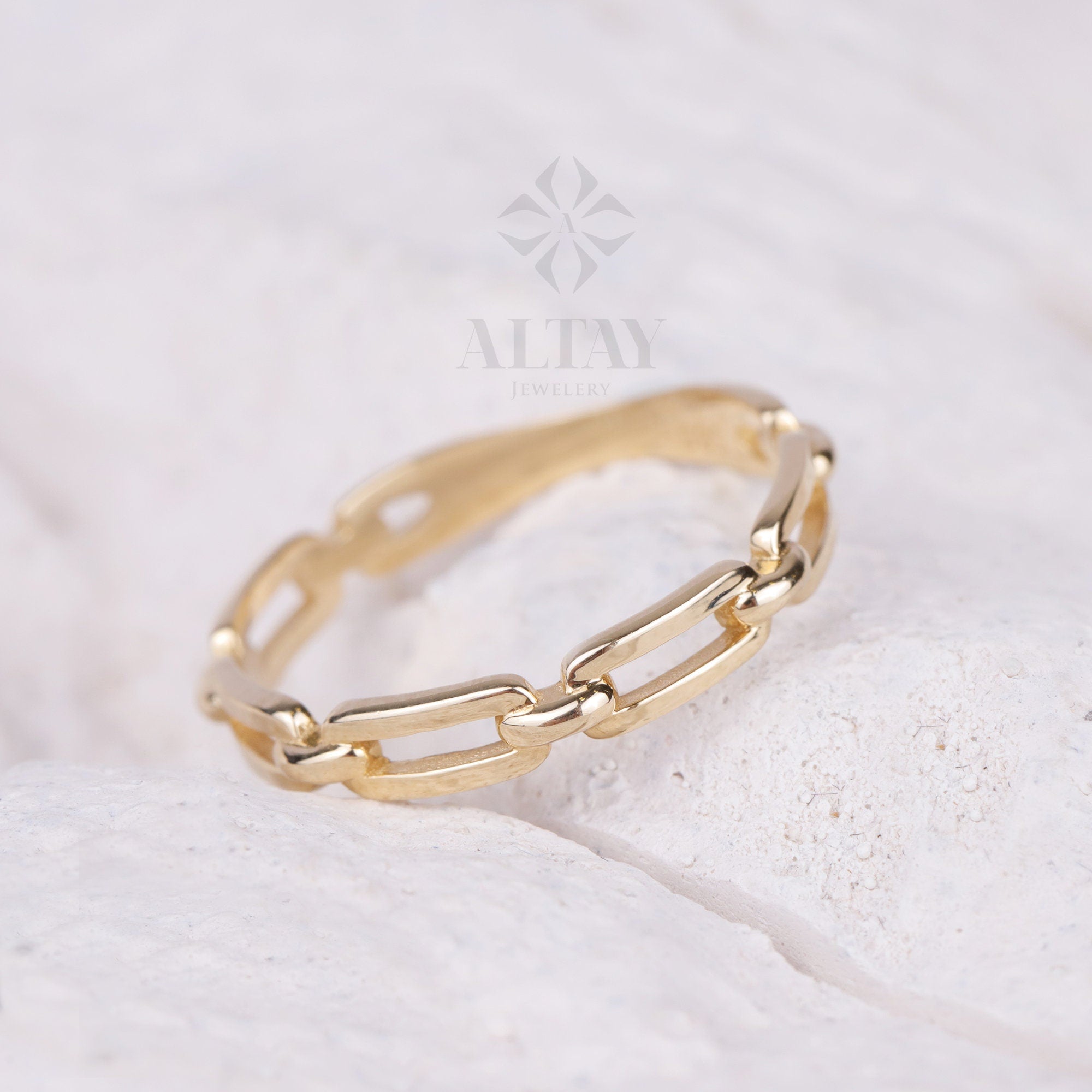 14K Gold Chain Ring, Paperclip Chain Band, Rectangle Long Chain Ring, Stacking Chain Ring, Chunky Gold Ring, Chain Curb Ring, Layering Band