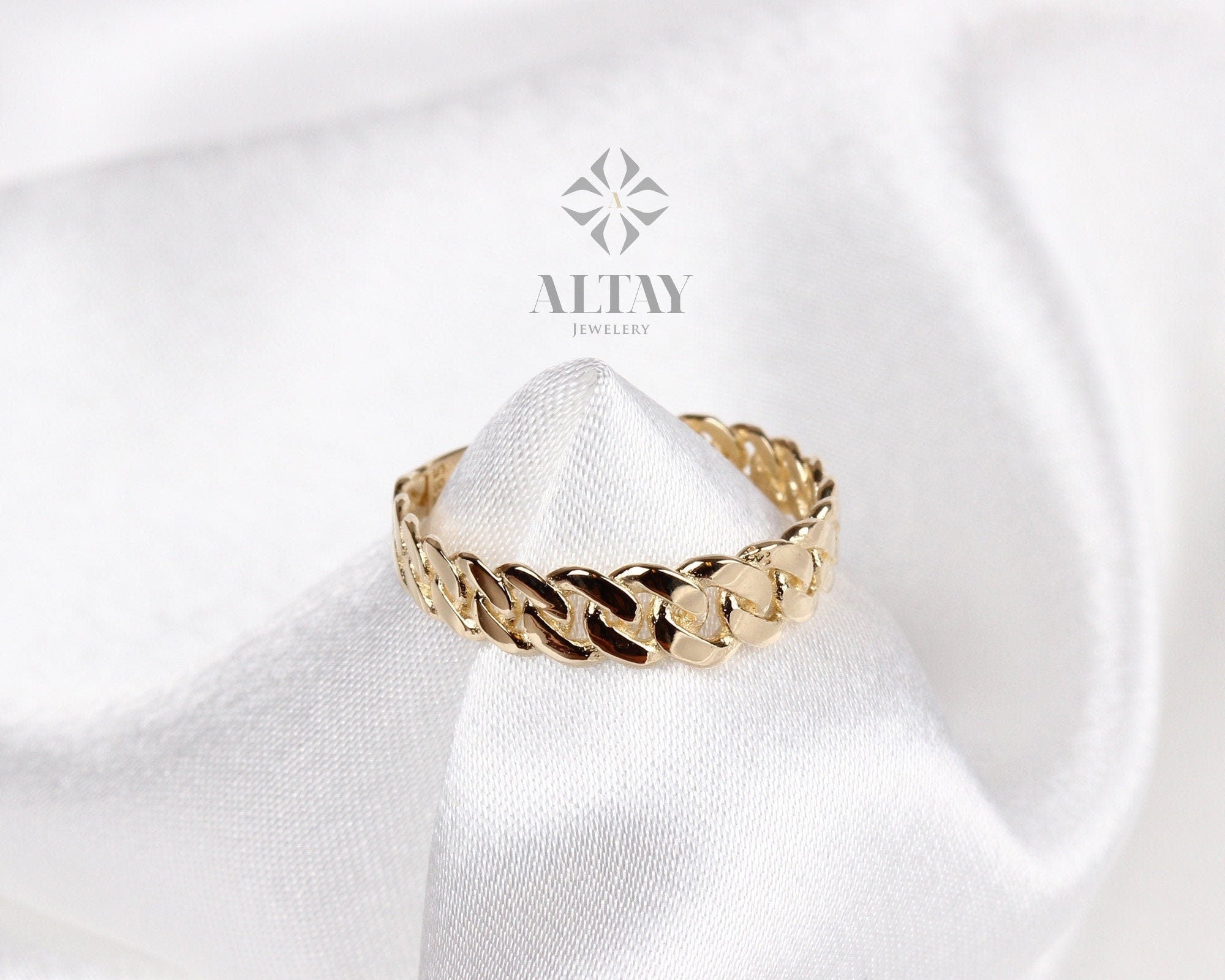 14K Gold Chain Ring, Cuban Link Ring, Thick Chain Curb Ring, Bold Chain Ring, Solid Gold Stacking Ring, Layering Minimalist Chain Link