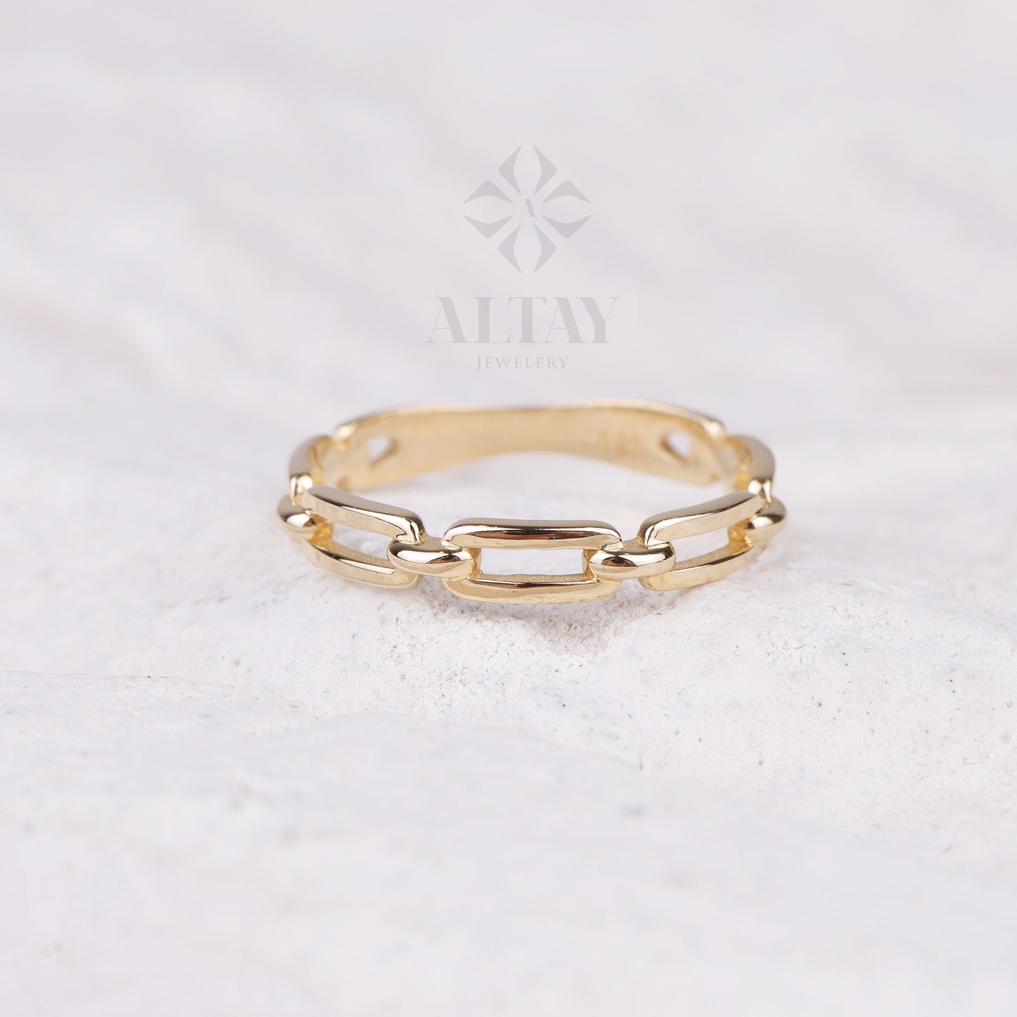 14K Gold Chain Ring, Paperclip Chain Band, Rectangle Long Chain Ring, Stacking Chain Ring, Chunky Gold Ring, Chain Curb Ring, Layering Band