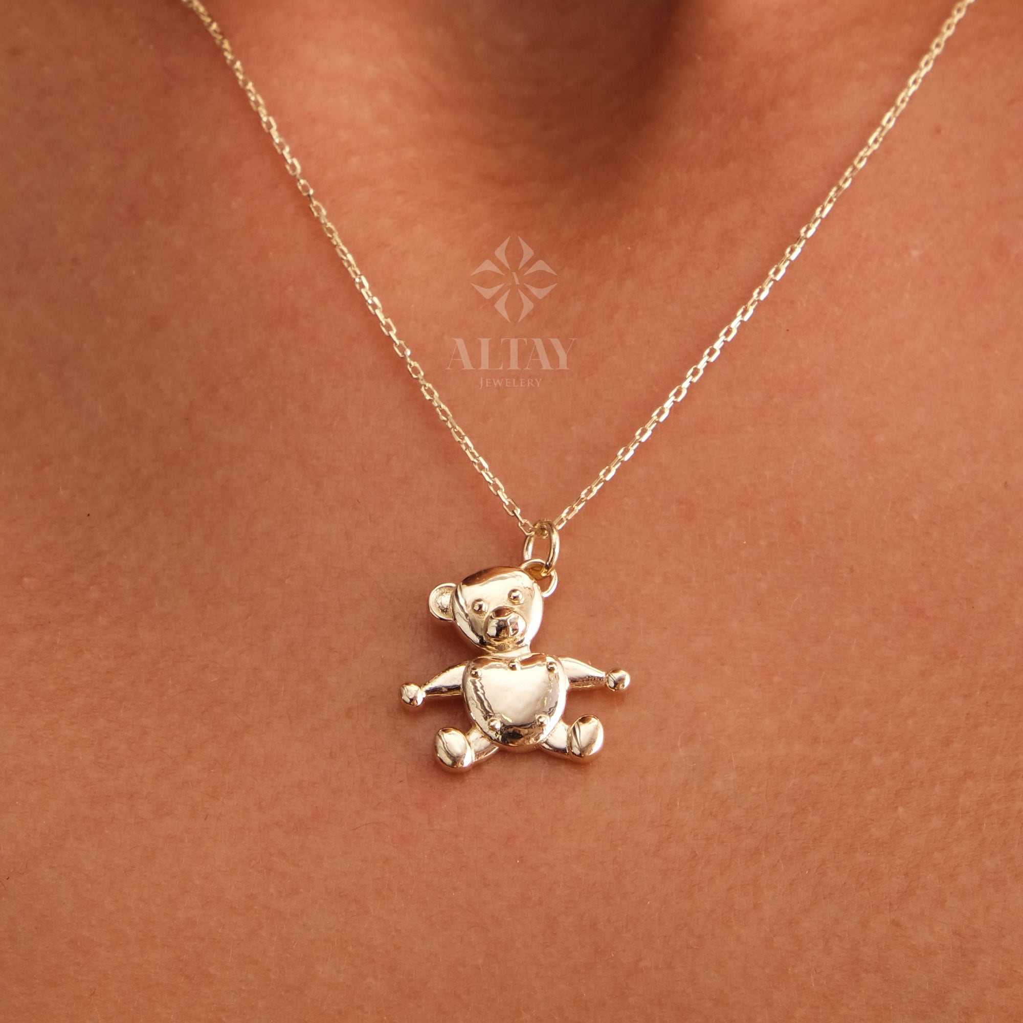 14K Gold Teddy Bear Necklace, Bear Pendant, Mama Bear Choker, Animal Charm Jewelry, Unique Dainty Necklace, Luck Pendant Gift for Her