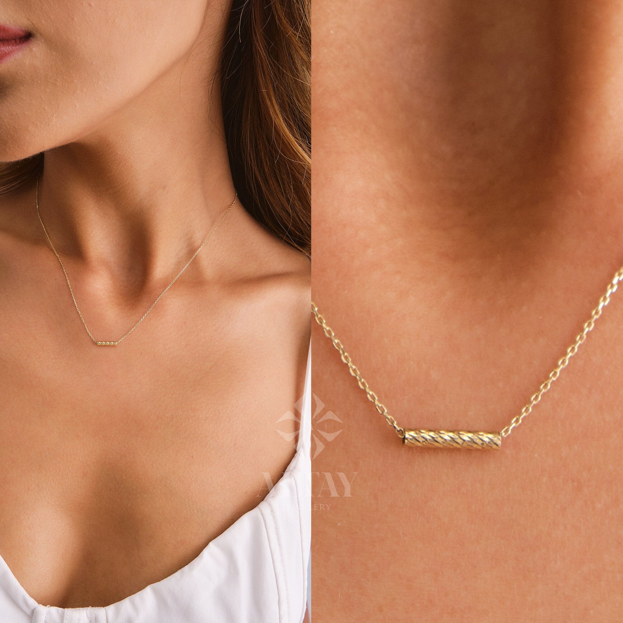 14K Gold Tube Bar Necklace, Textured Bar Pendant, Bar Chain Choker, Layering Gold Necklace, Dainty Tube Charm Necklace, Delicate Gift