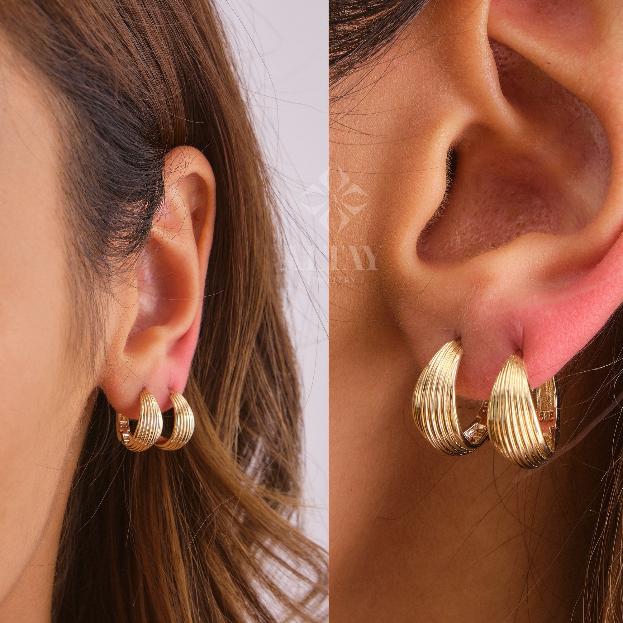 14K Gold Dome Huggie Earrings, Ribbed Huggie Hoop Earrings, Gold Dome Hoops, Unique Hoop Earring, Lined Gold Hinged Hoop Earring, Gift Her
