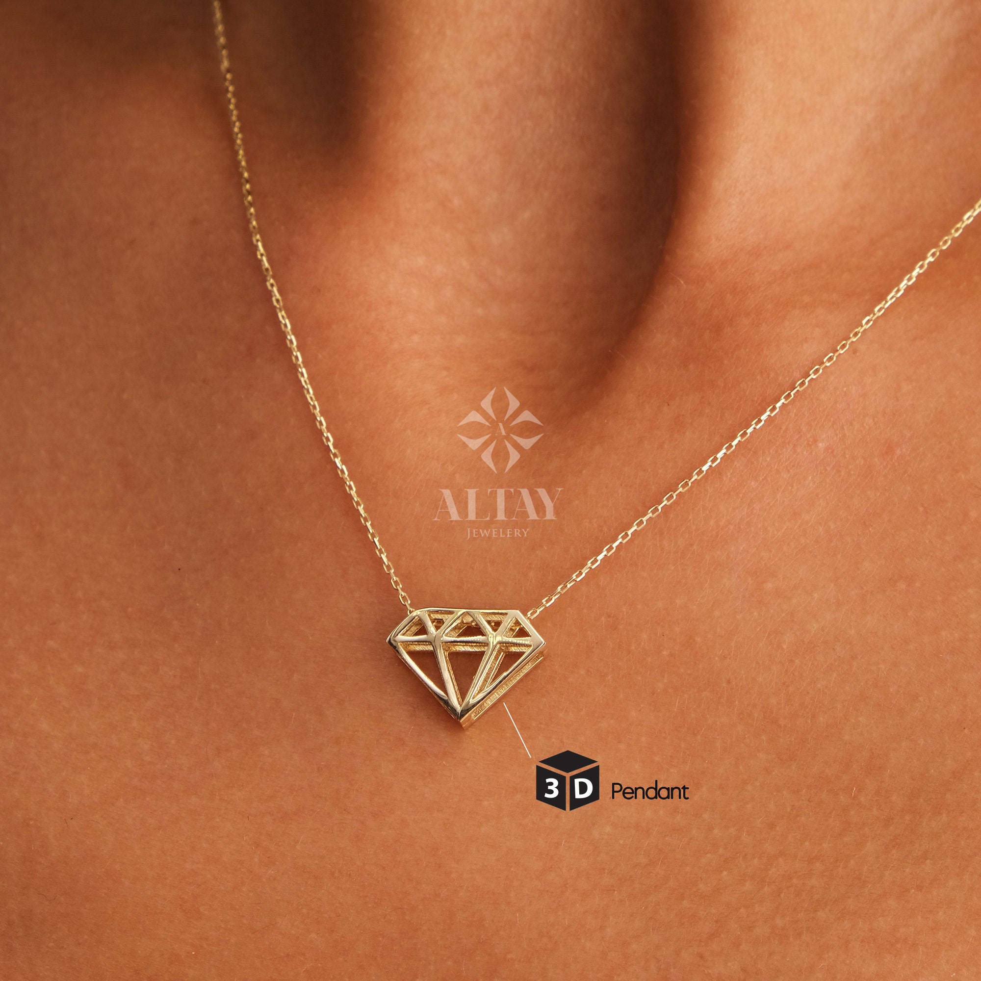 14K Gold Diamond Shape Pendant, Diamond Cutout Necklace, Diamond Pattern Choker, Gold Diamond Outline Necklace, Diamond Pattern