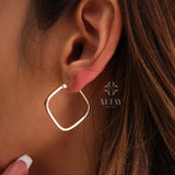 14K Gold Square Hoop Earring, Gold Geometric Huggie
