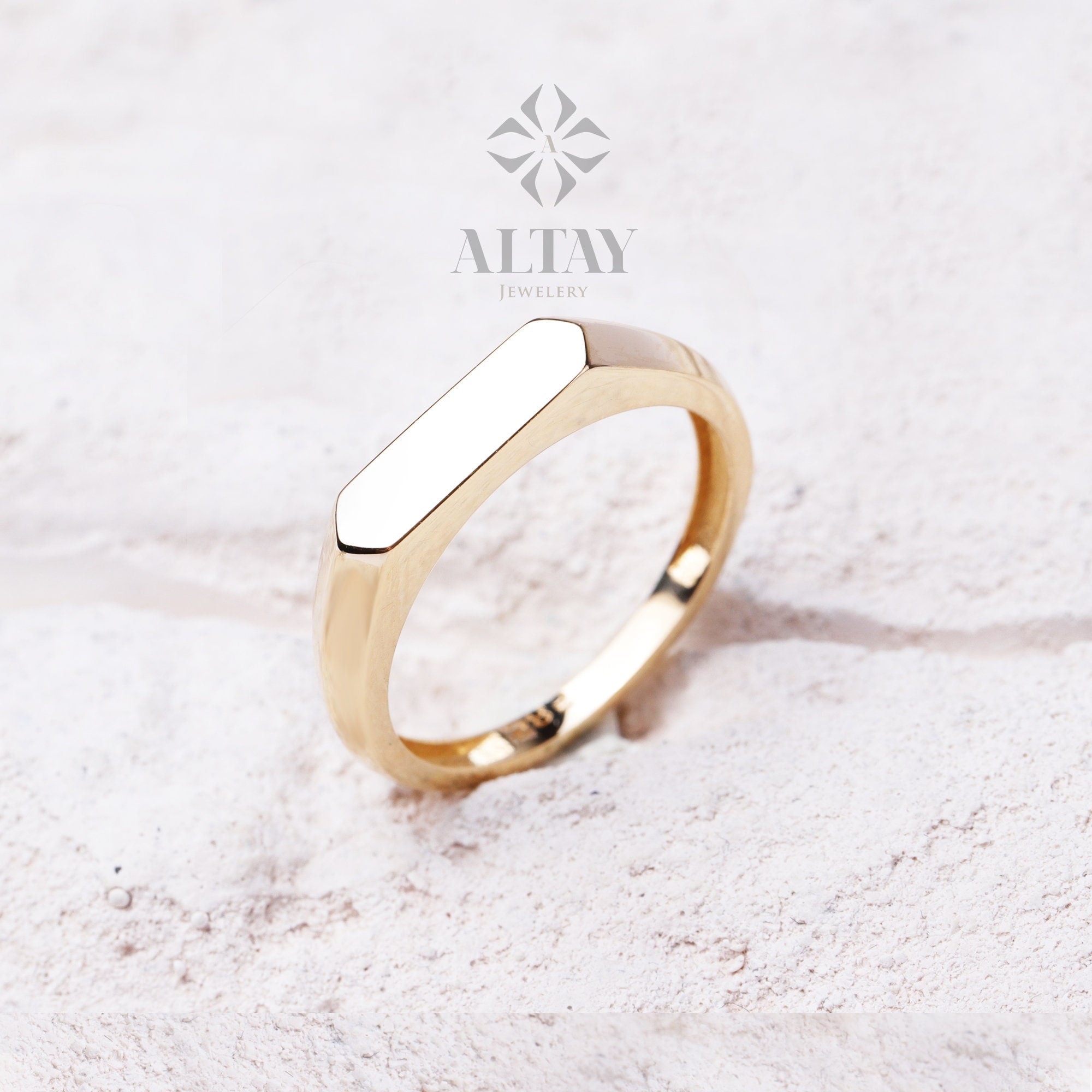 14K Gold Signet Bar Ring, Rectangle Signet Band, Chevalier Ring, Engraved Signet Ring, Custom Name Pinky Ring, Dainty Personalized Flat Ring